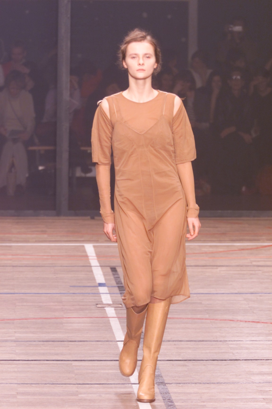 beige sheer midi dress with tan boots