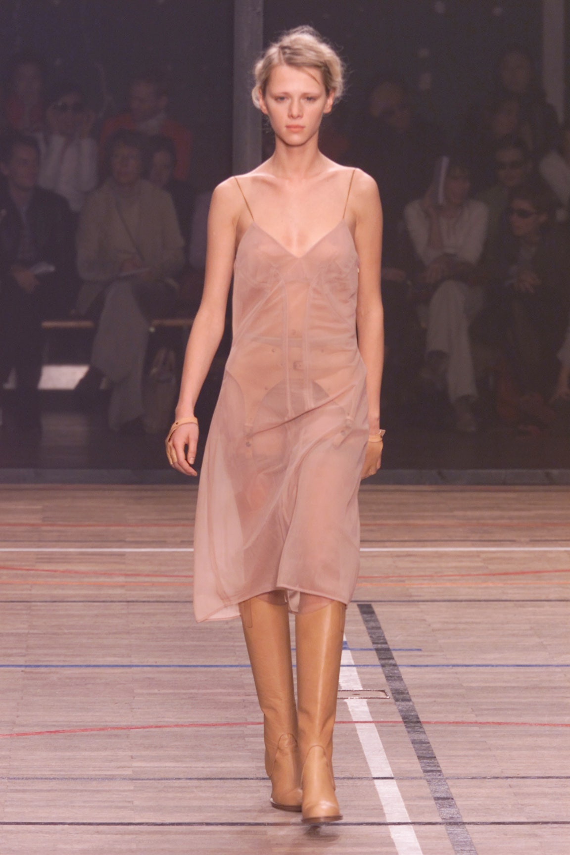 pink silk sleeveless v-neck fitted draped sheer dress