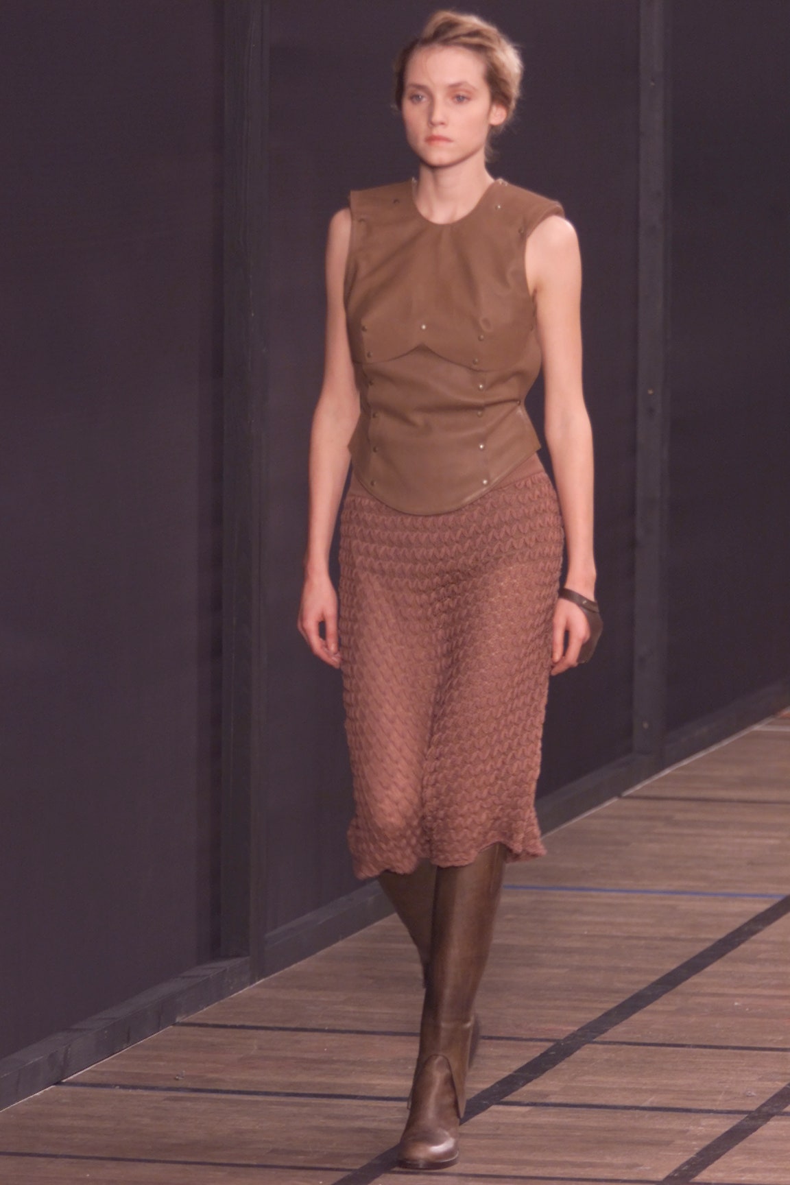 brown leather fitted top and midi skirt