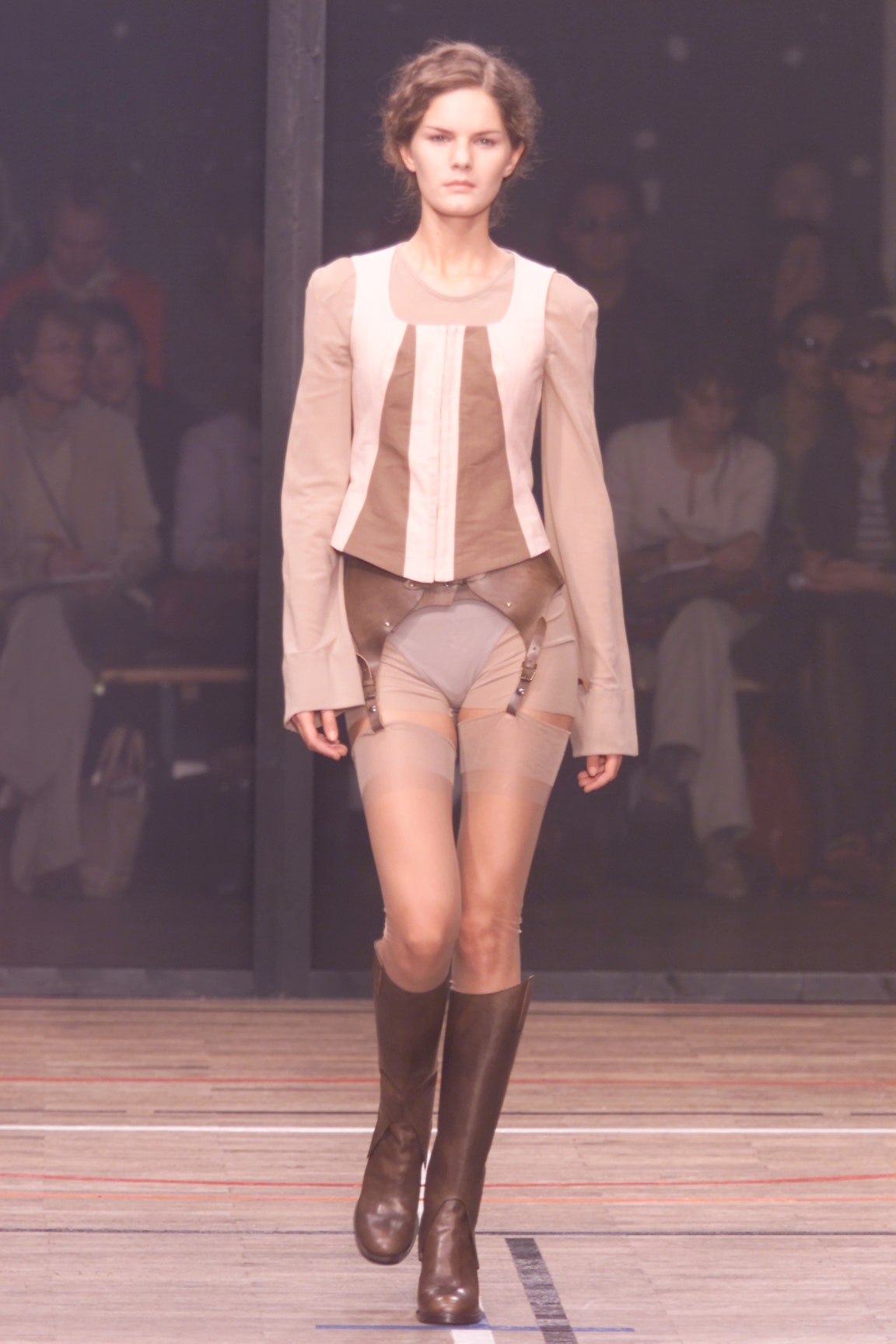beige fitted top with gray shorts