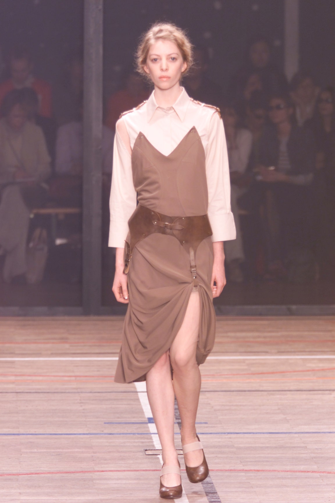 brown draped midi dress with shirt