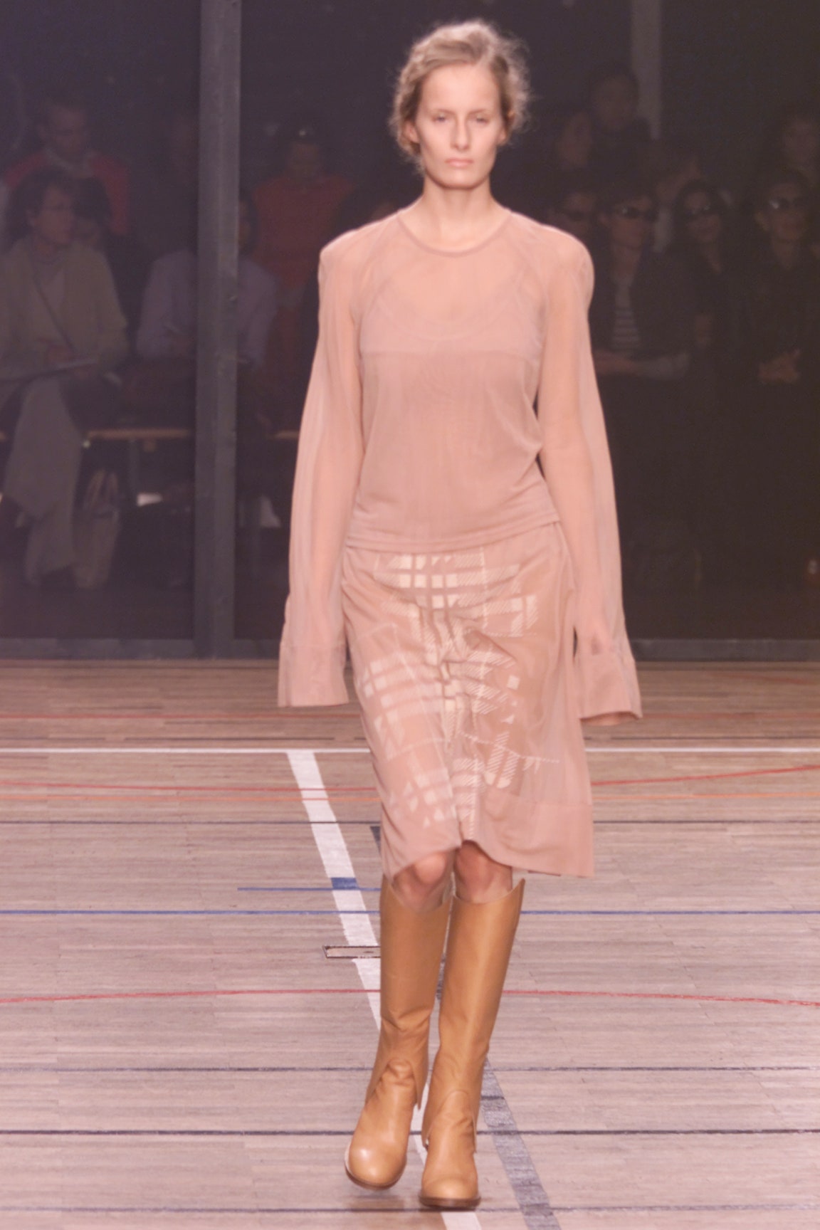 beige silk midi dress with brown boots