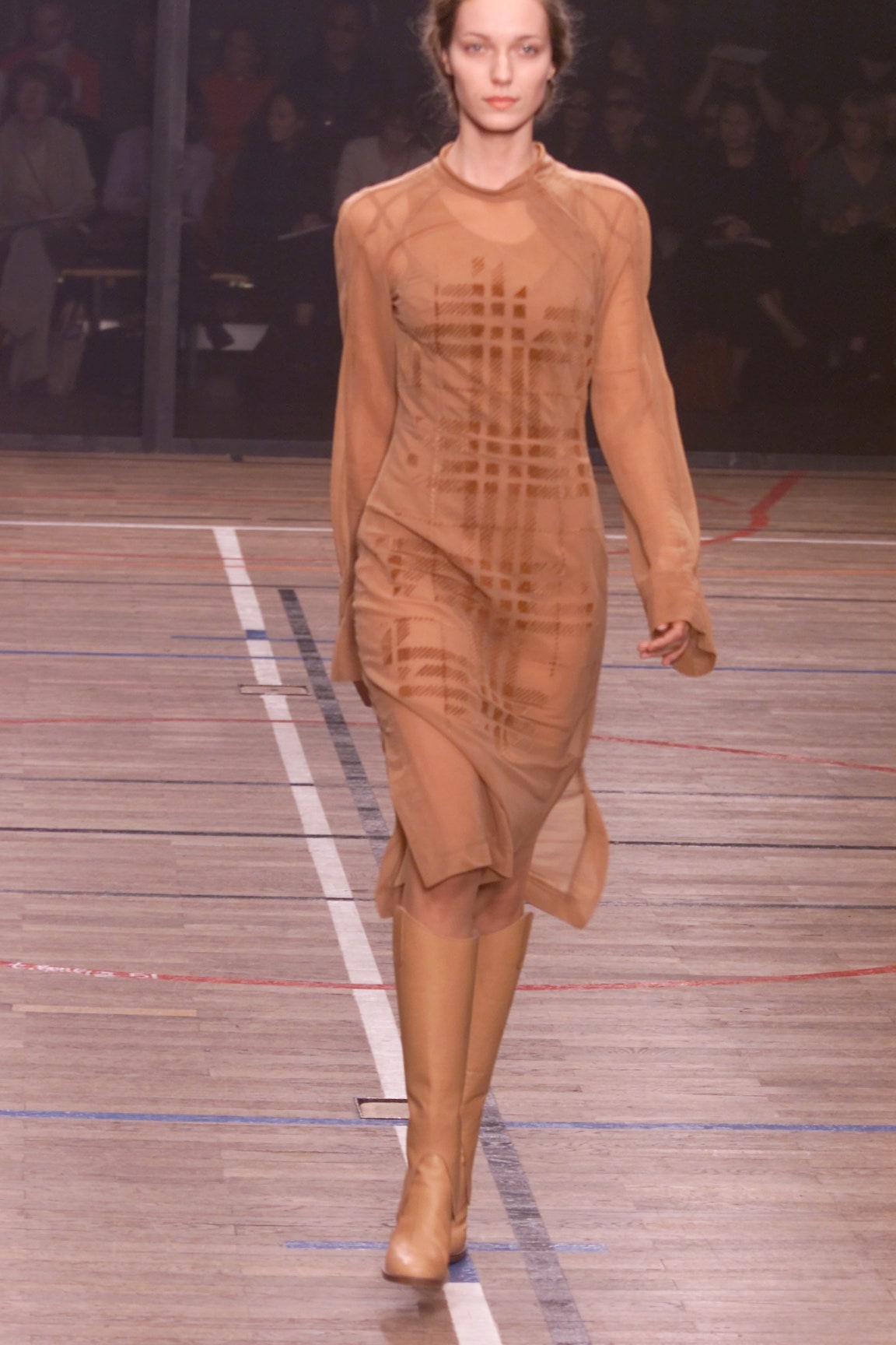 beige silk long-sleeve high-neck fitted printed sheer dress