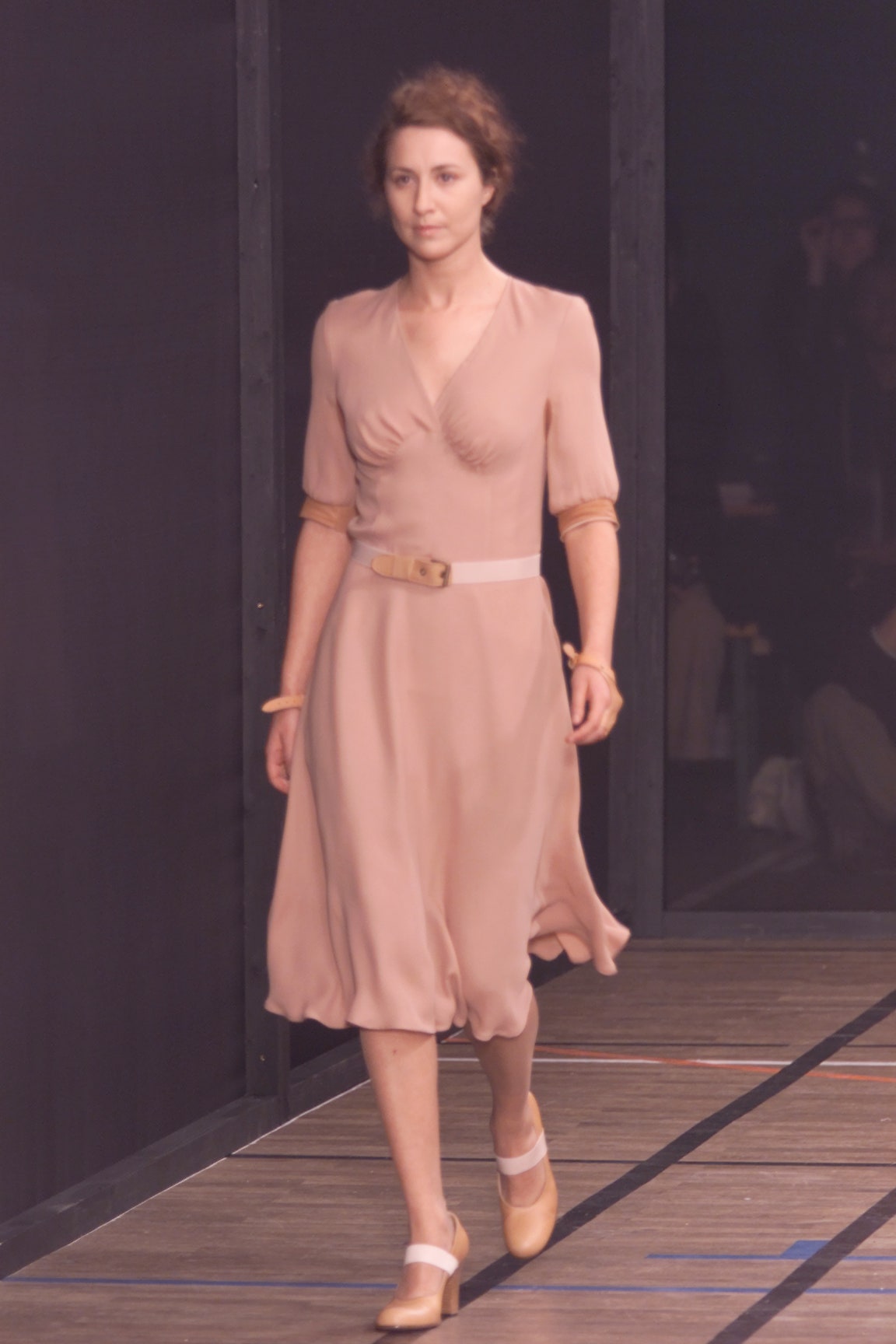 beige silk belted midi dress
