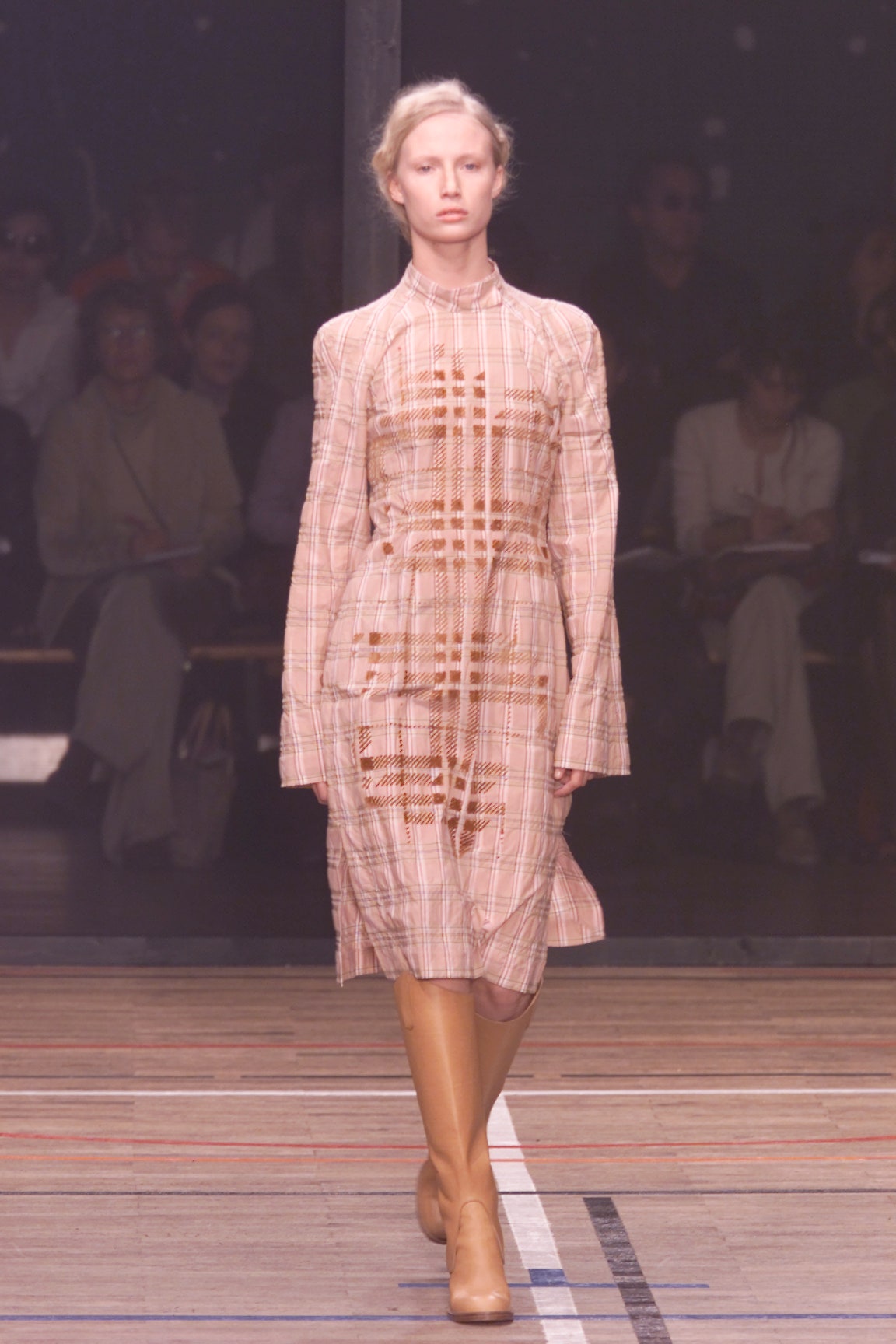 beige checked fitted dress