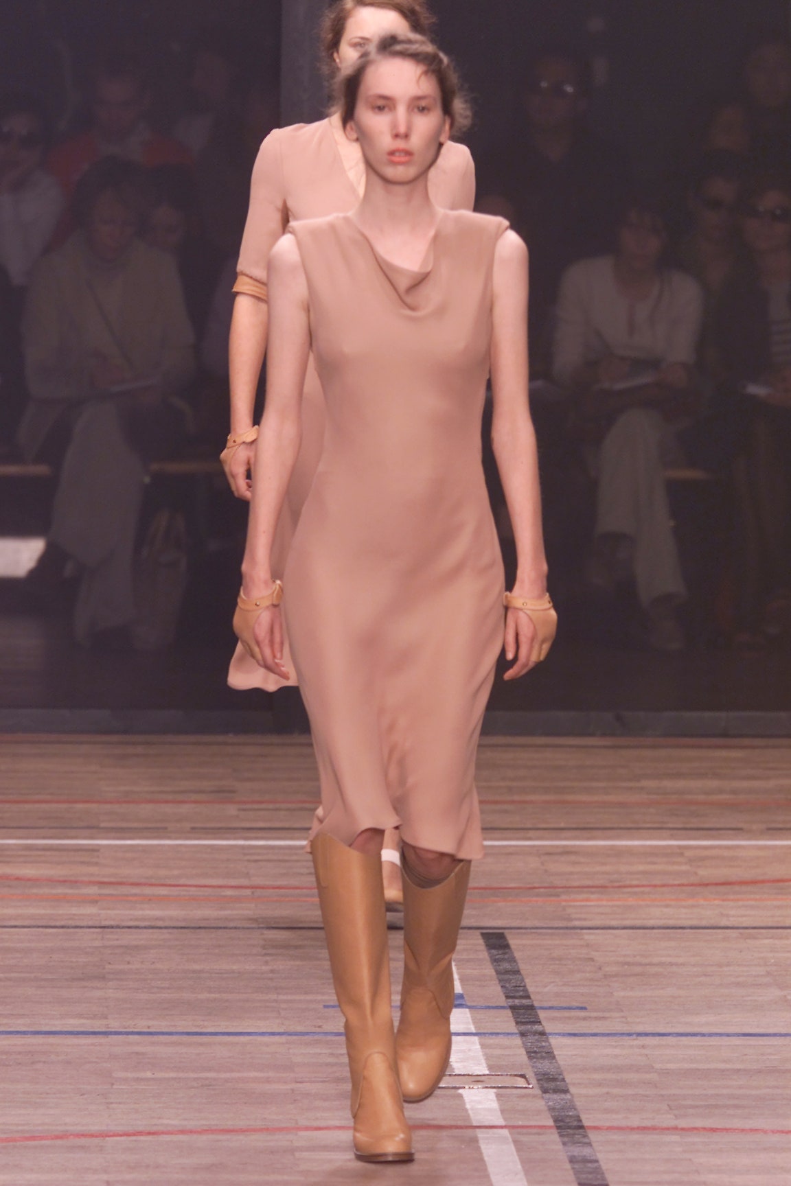 beige silk fitted dress