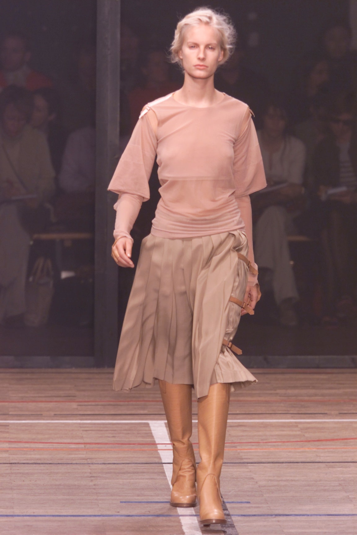 beige mesh top with pleated skirt