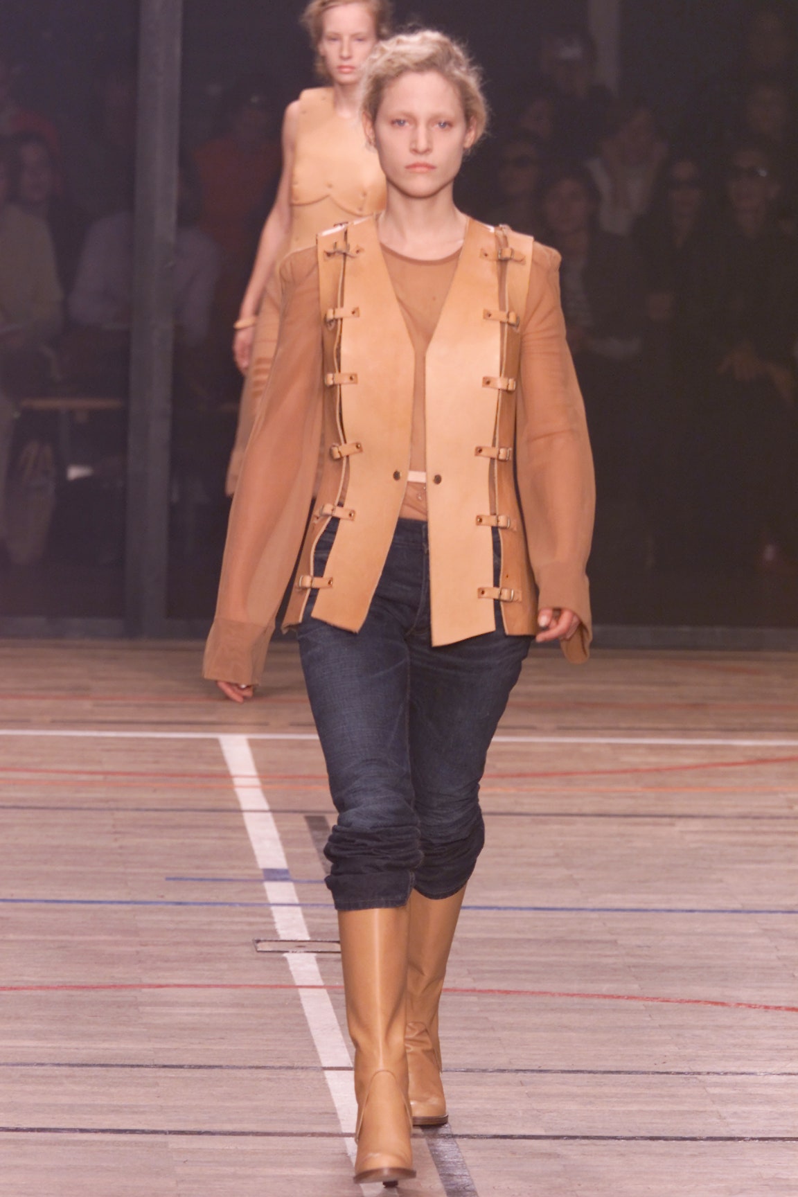 beige leather long-sleeve collared fitted buttoned jacket