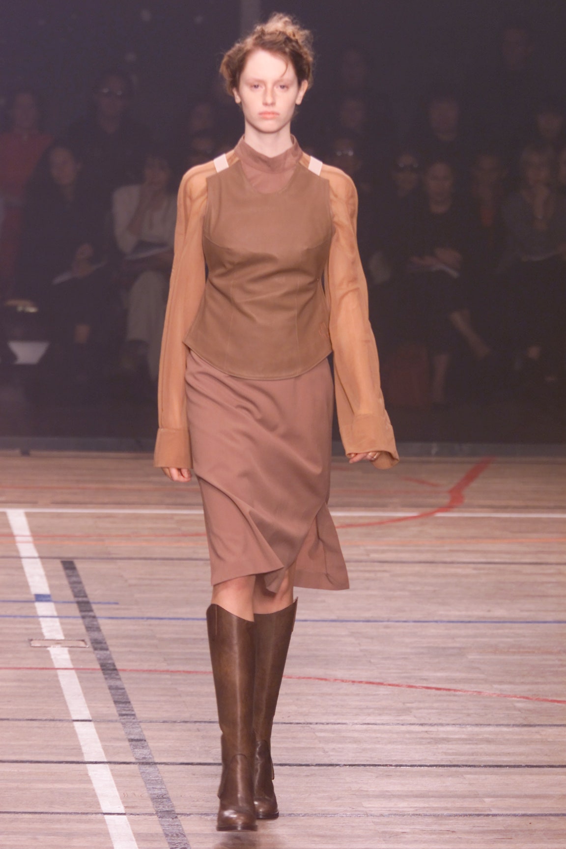 brown leather fitted top and skirt