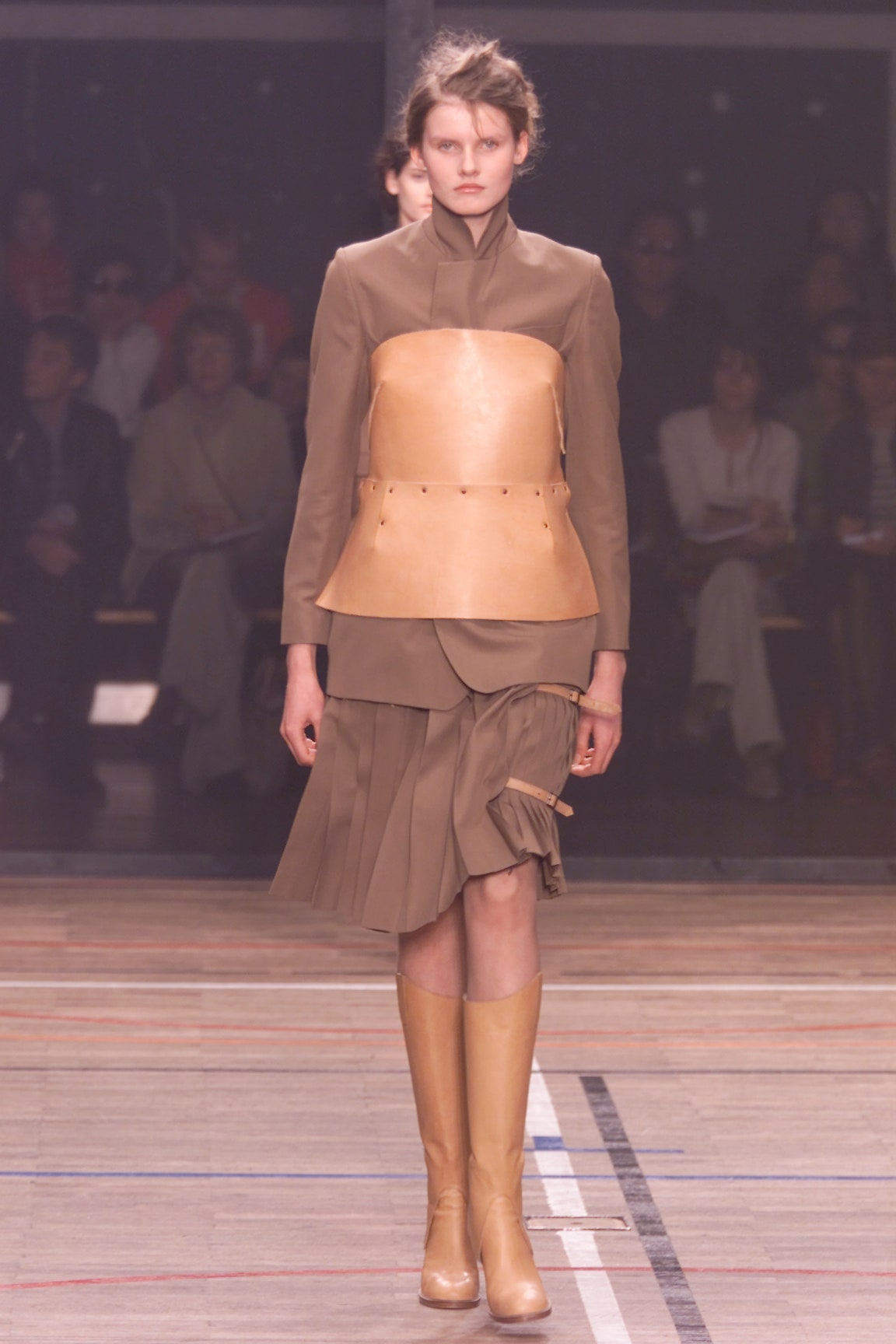 brown fitted midi dress with belt