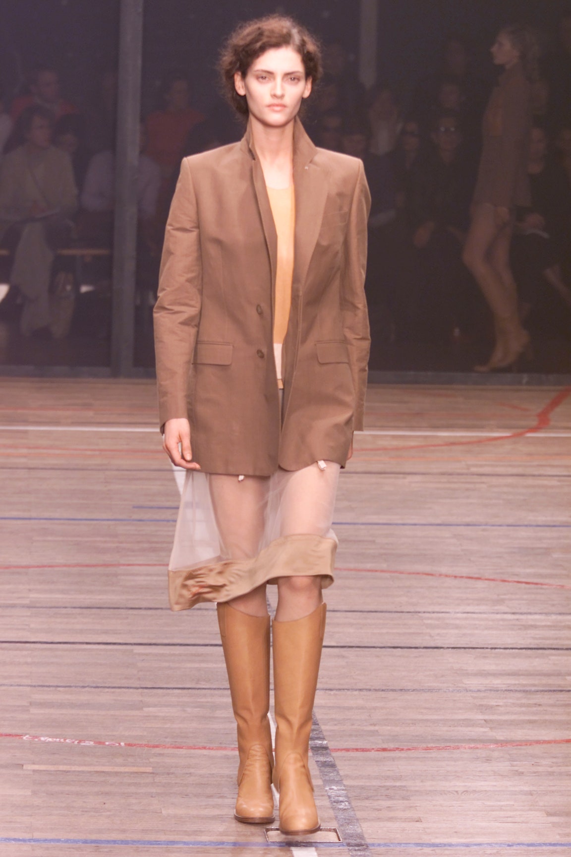 beige silk sleeveless v-neck fitted sheer flowing dress