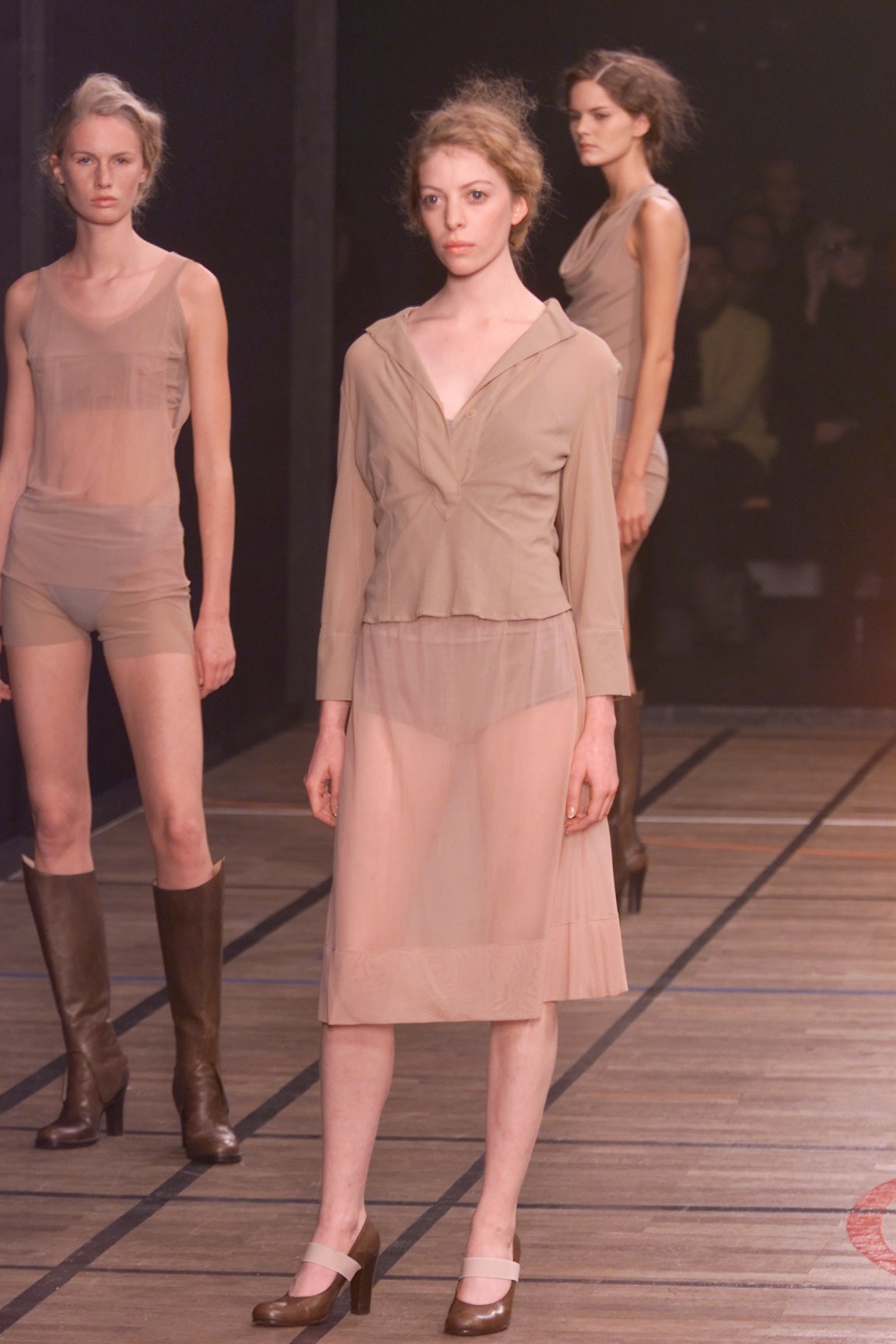 beige silk long-sleeve collared relaxed draped sheer top