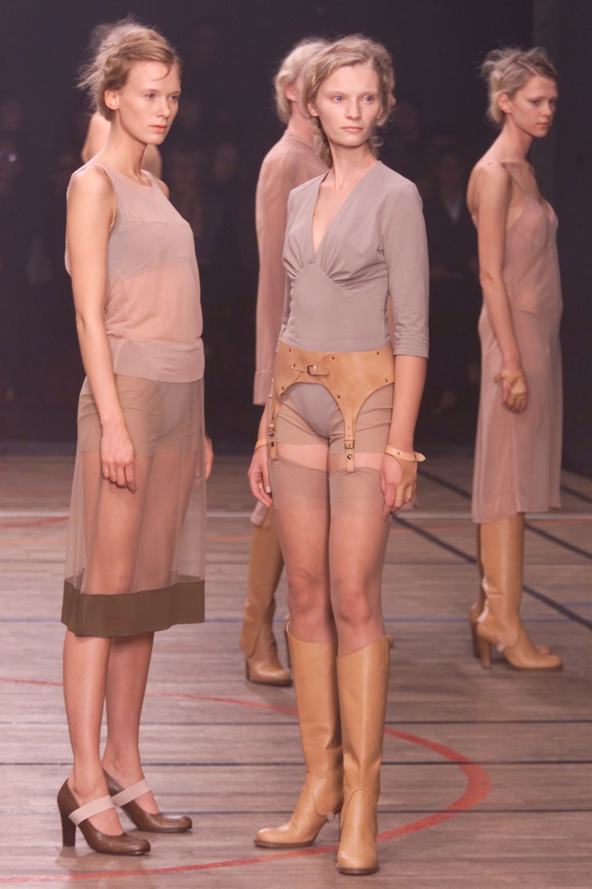 beige sheer bodysuit and skirt