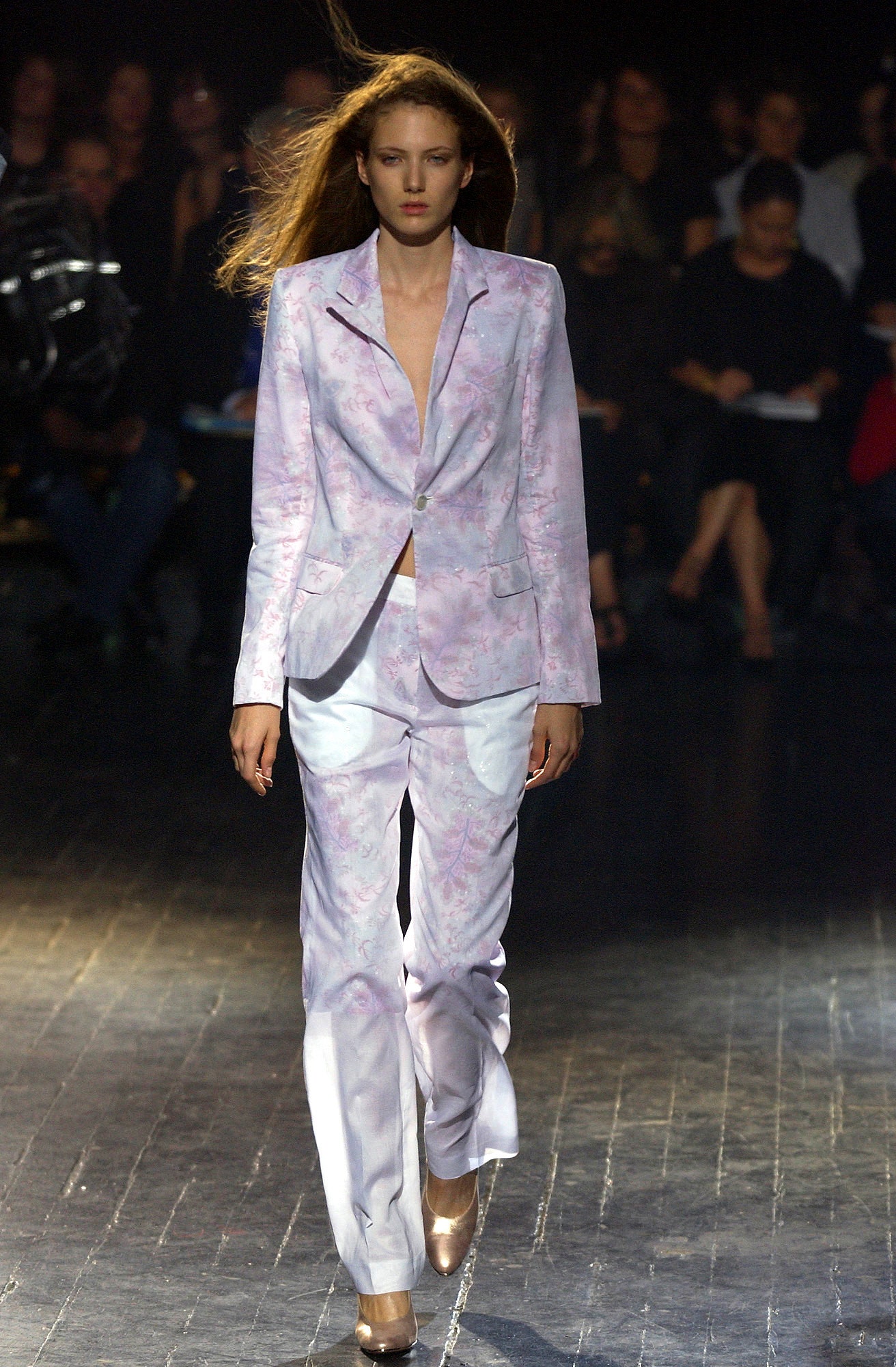 pink silk long-sleeve collared fitted printed suit