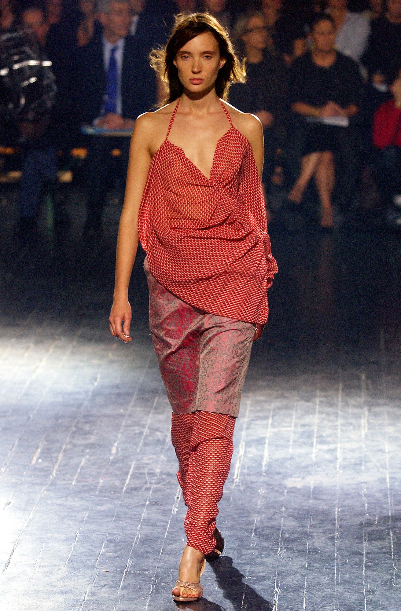 red and pink draped midi dress