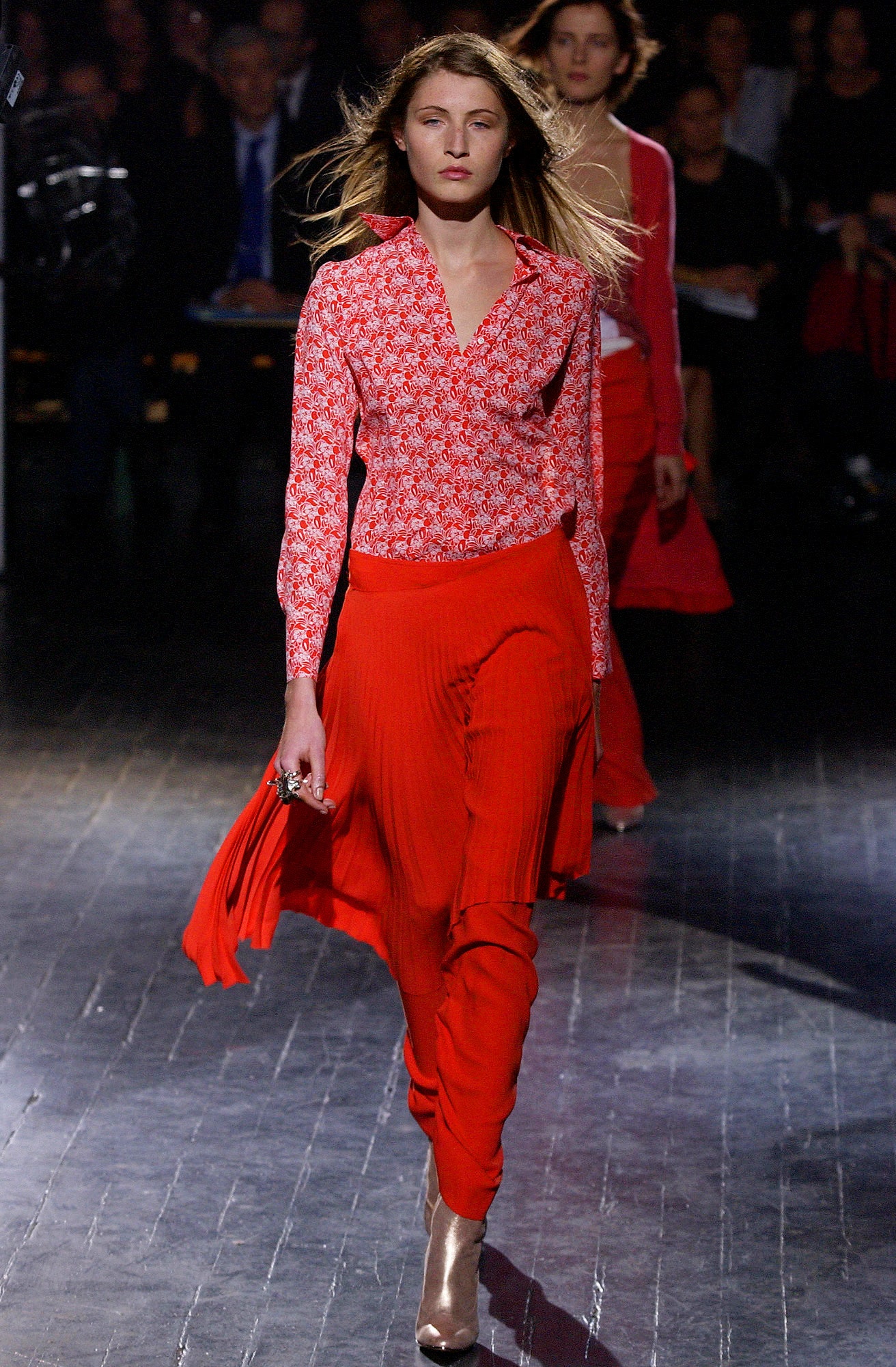 red long-sleeve collared fitted printed blouse