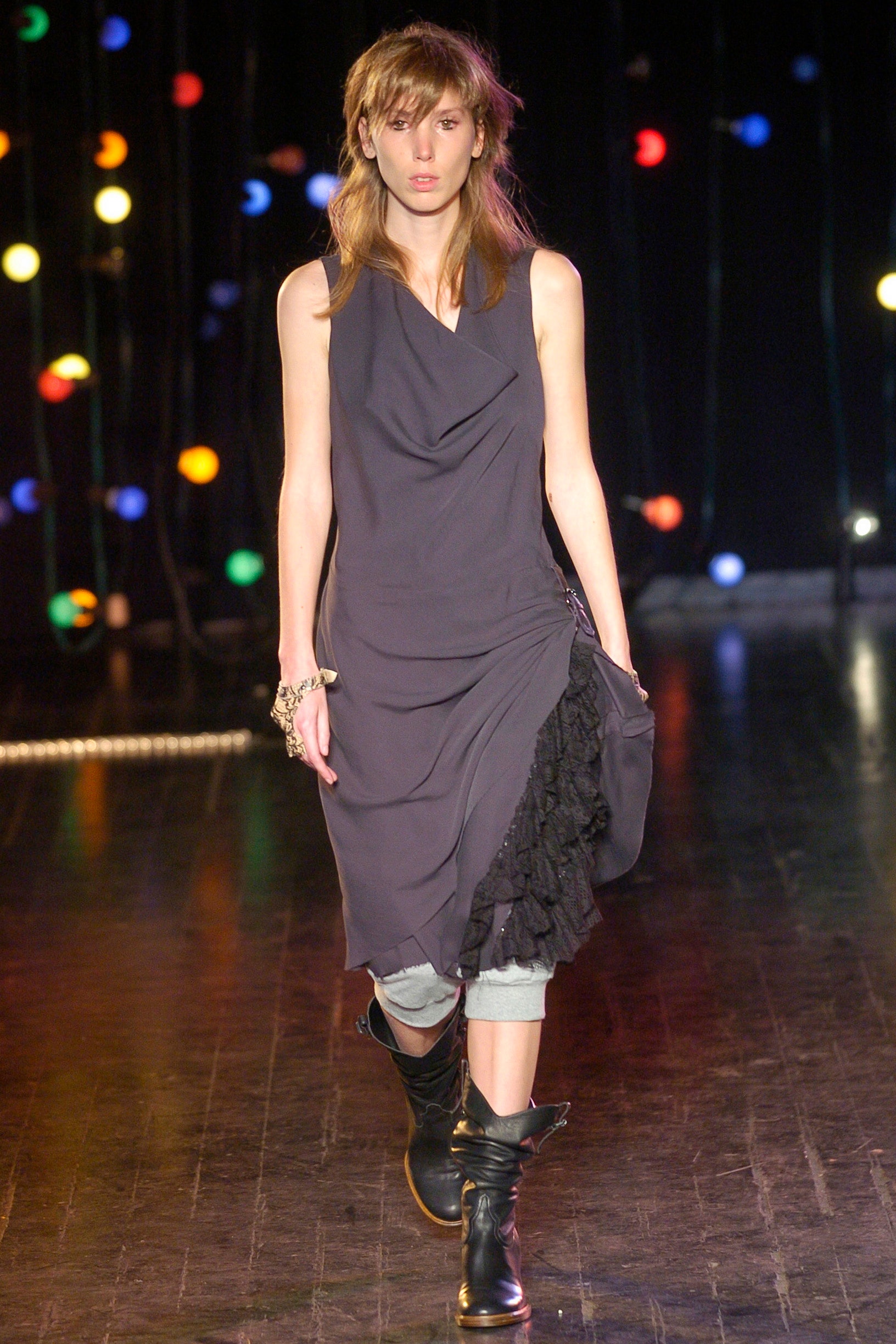 gray draped midi dress with denim pants