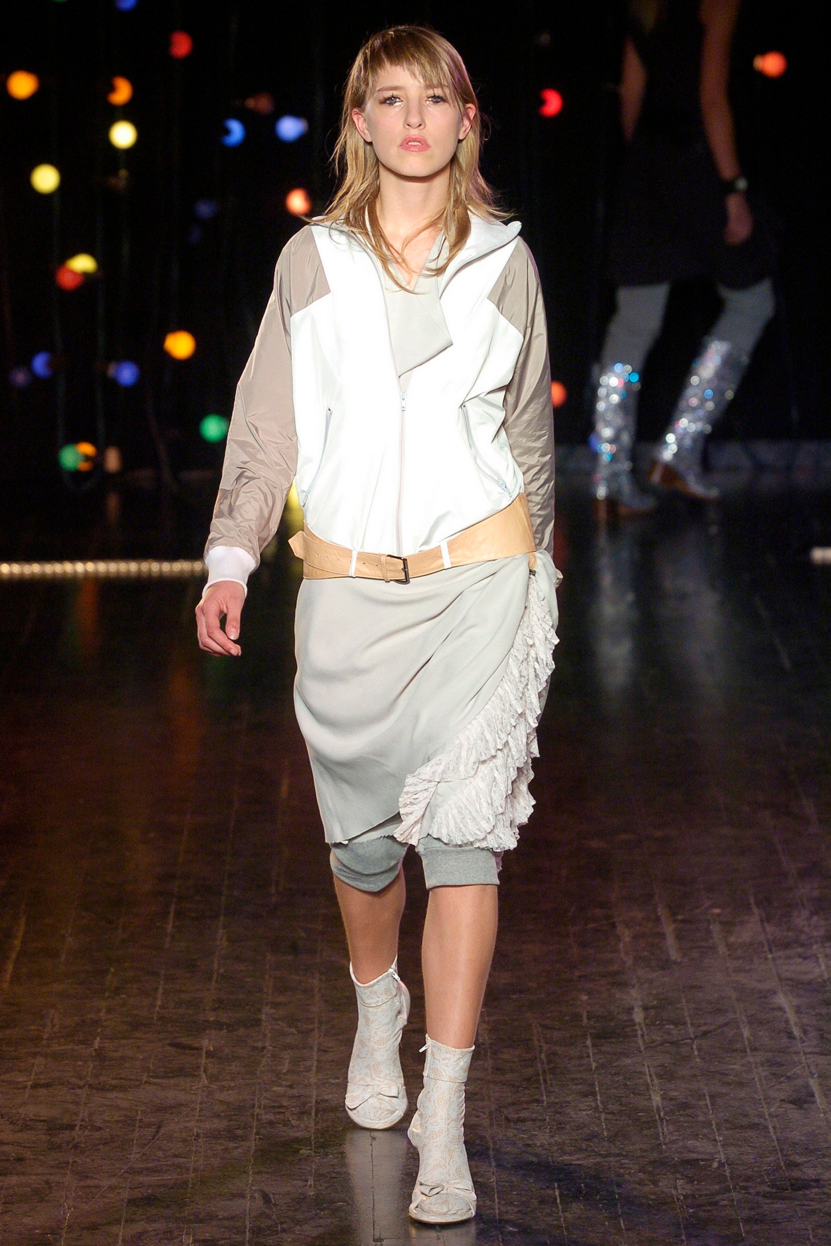 gray midi dress with white jacket