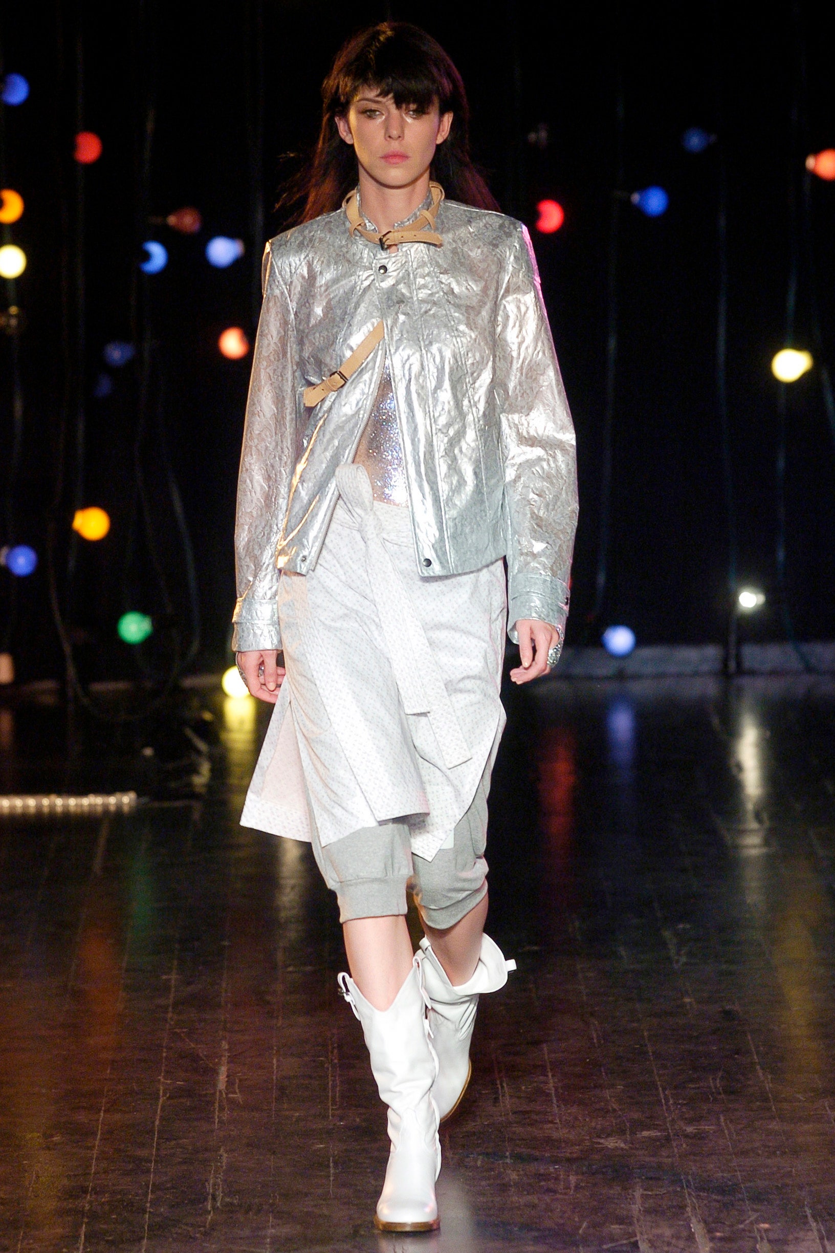 gray metallic long-sleeve collared fitted zippered shiny jacket