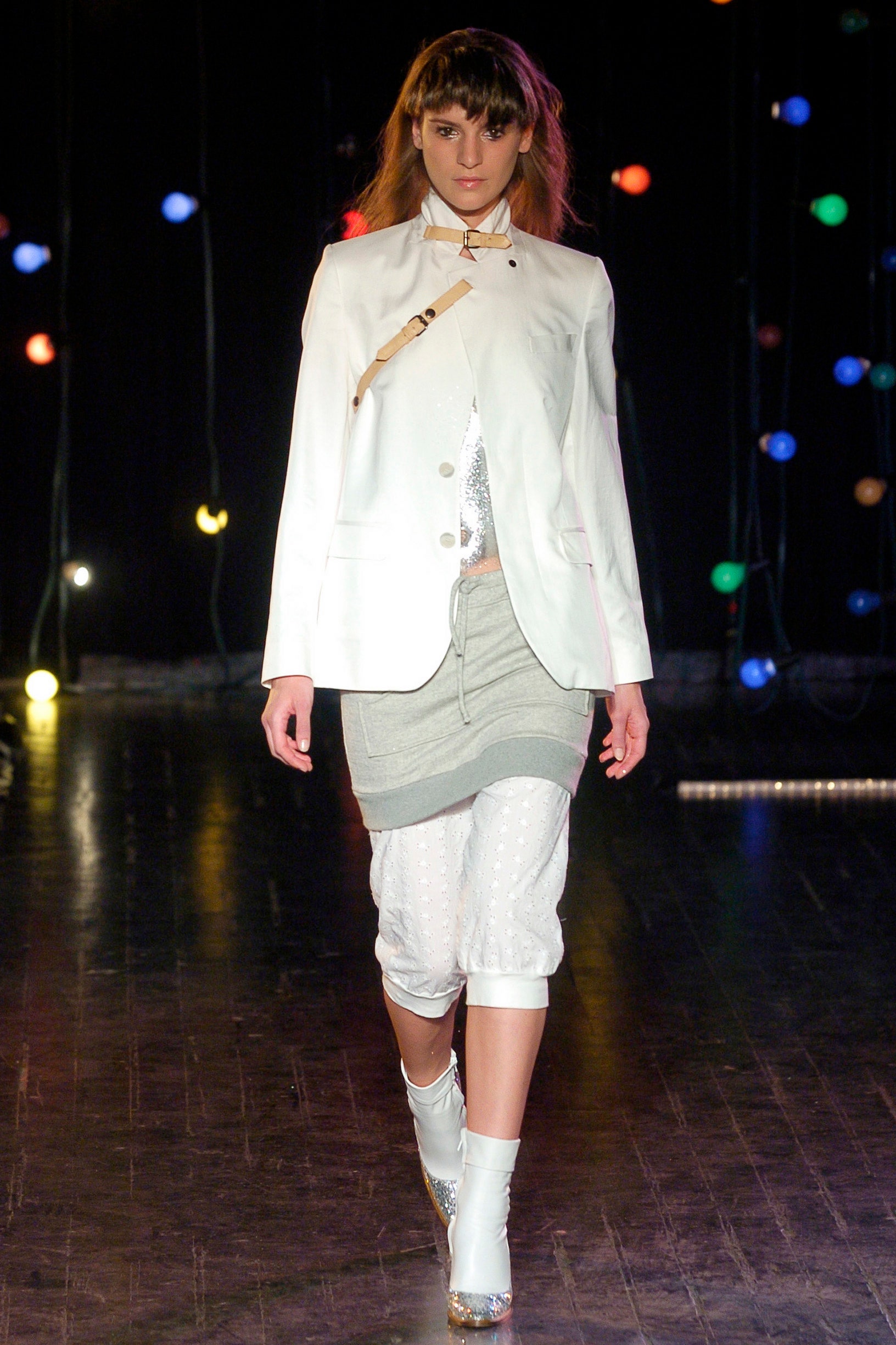 white tailored blazer with gray skirt
