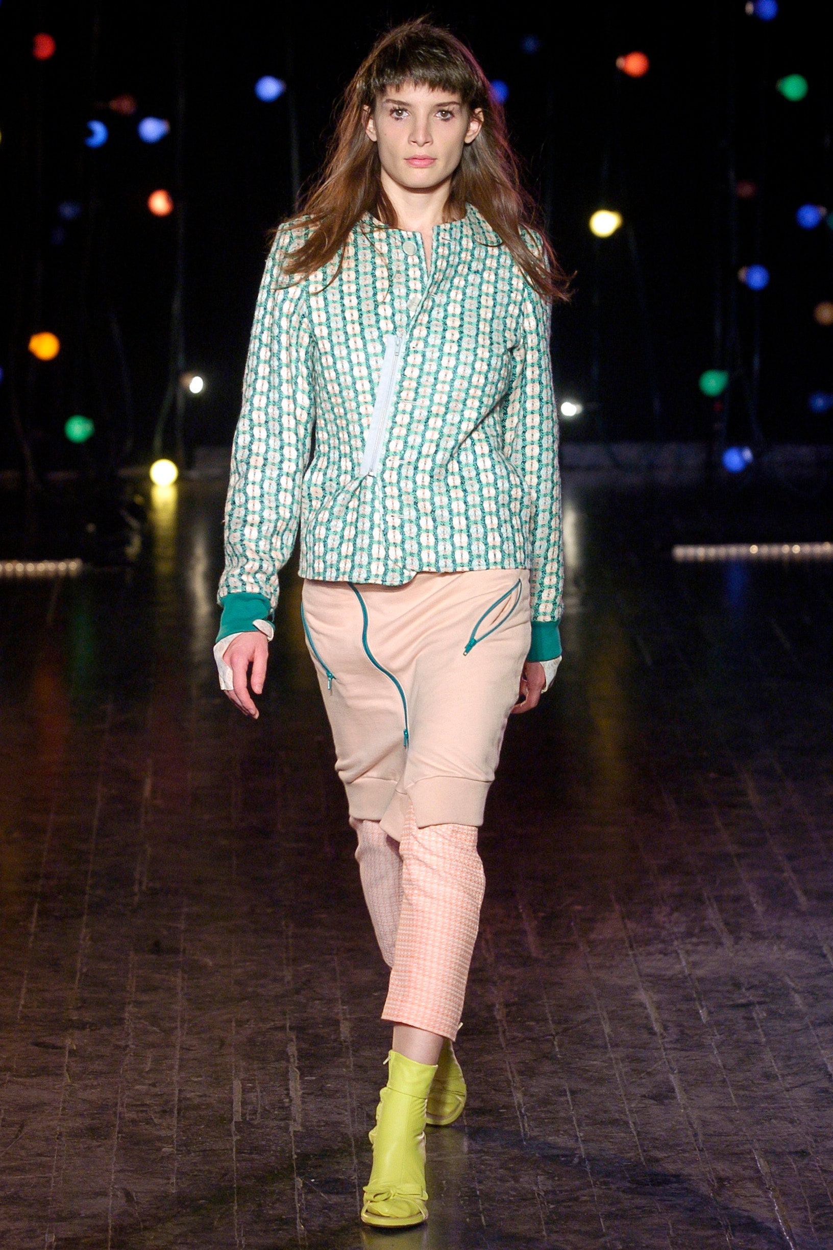 green printed jacket with pink pants