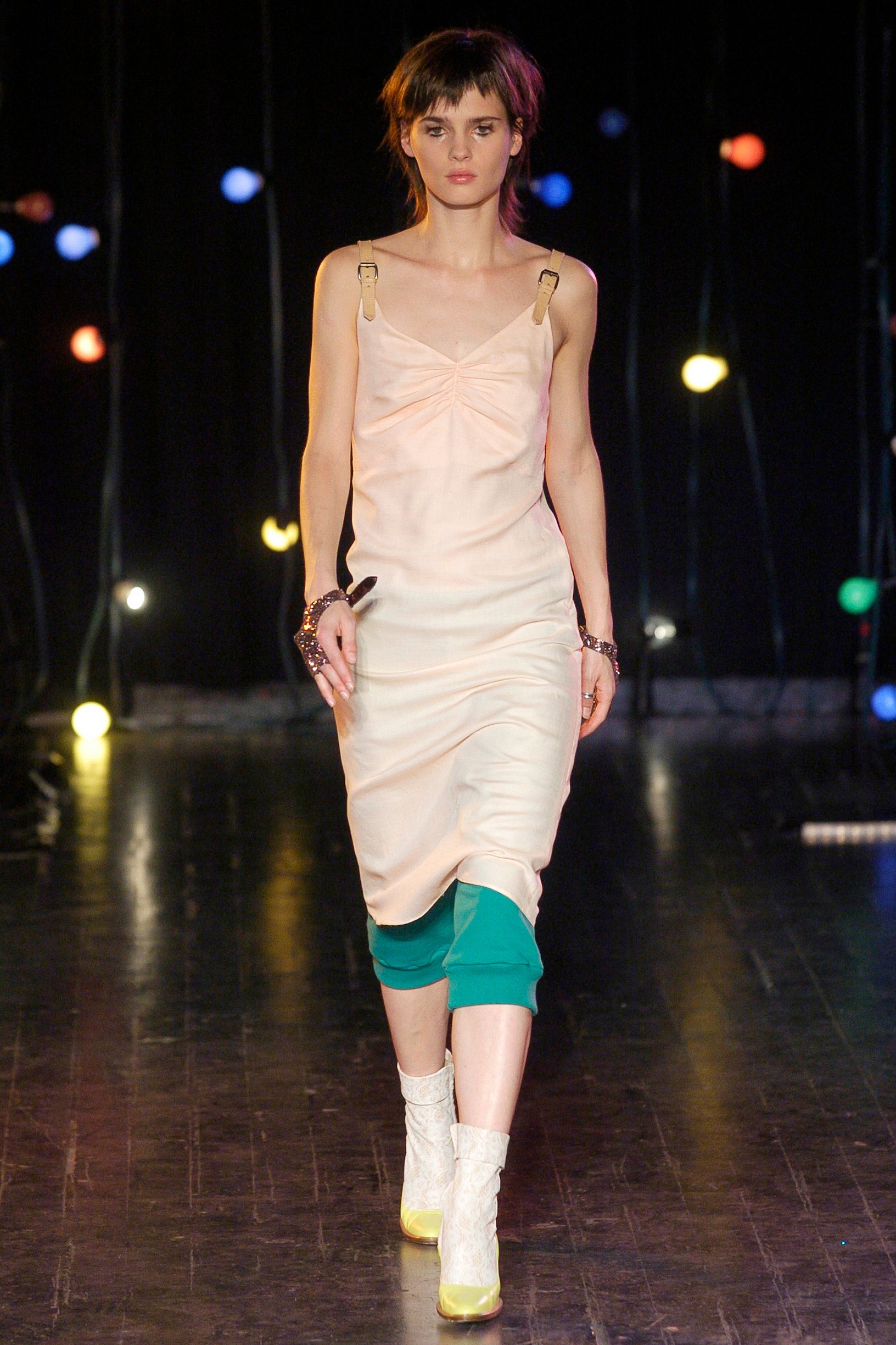 pink silk fitted dress with green pants