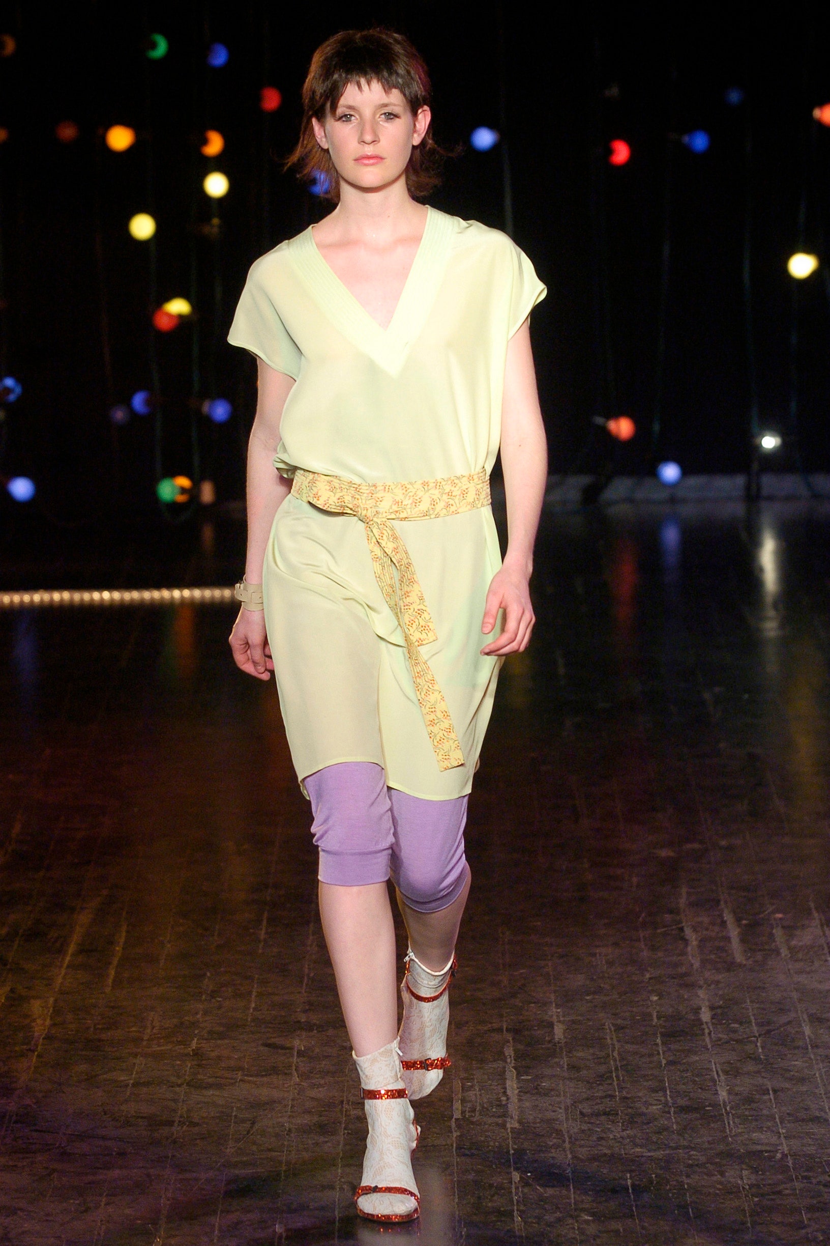 yellow relaxed dress with purple pants