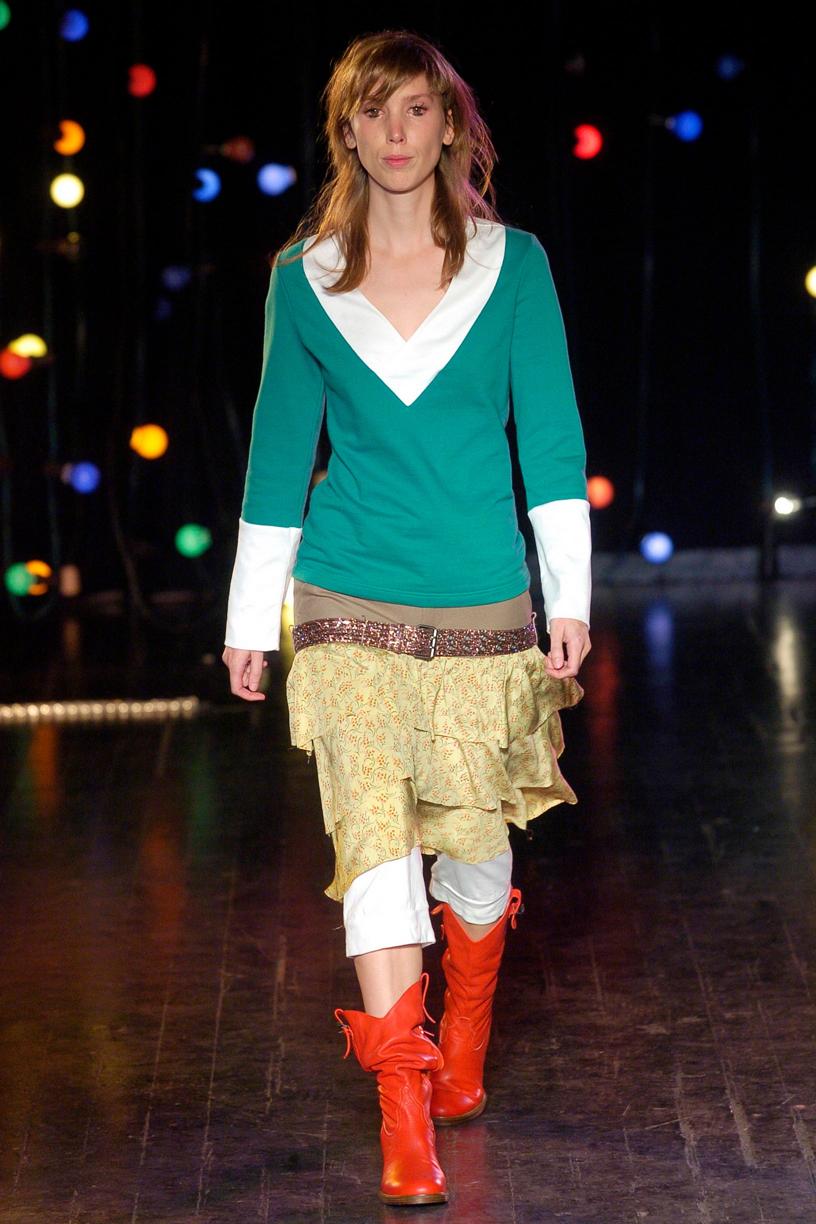 green and white fitted top with tiered yellow skirt