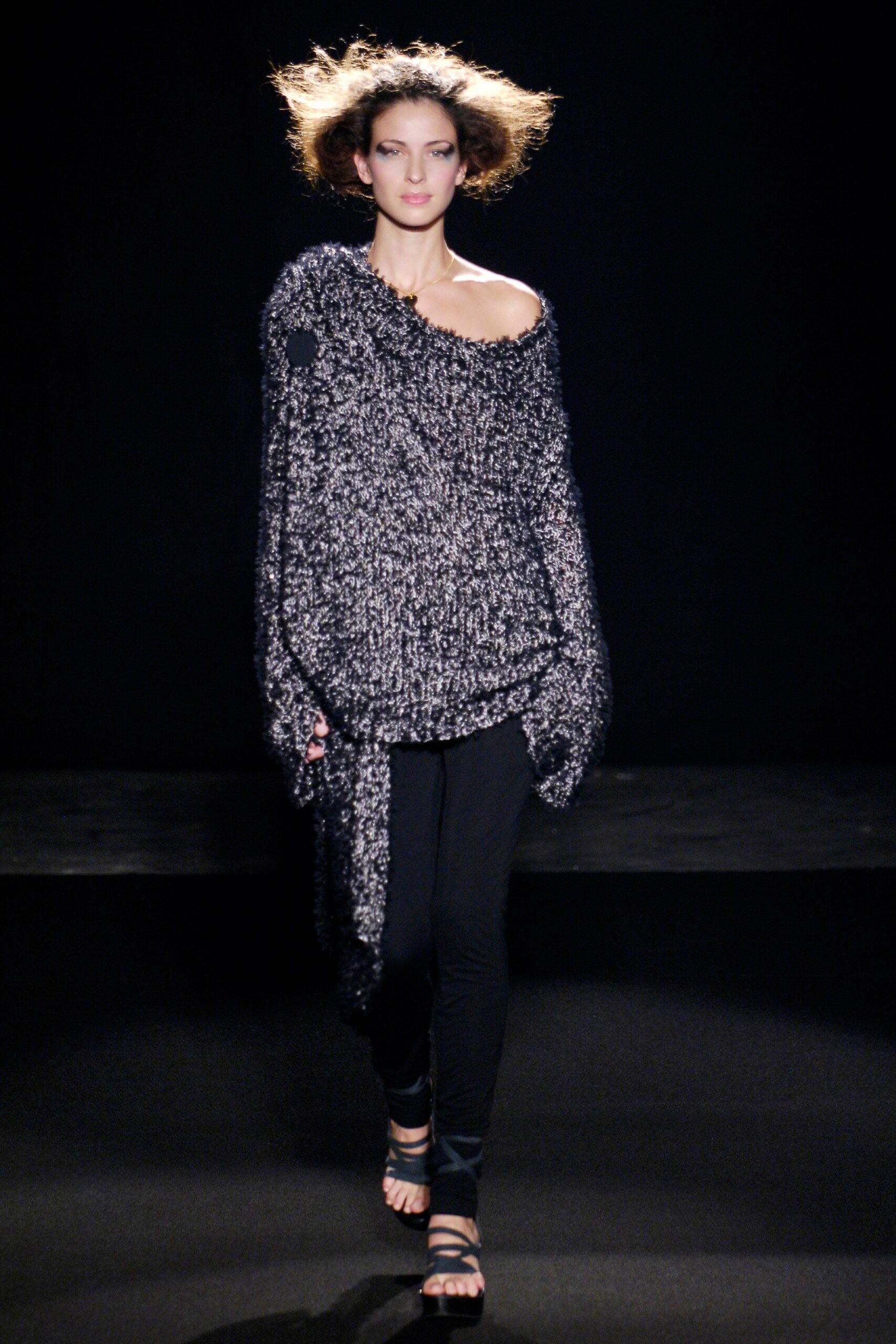 black wool long-sleeve off-shoulder oversized textured sweater