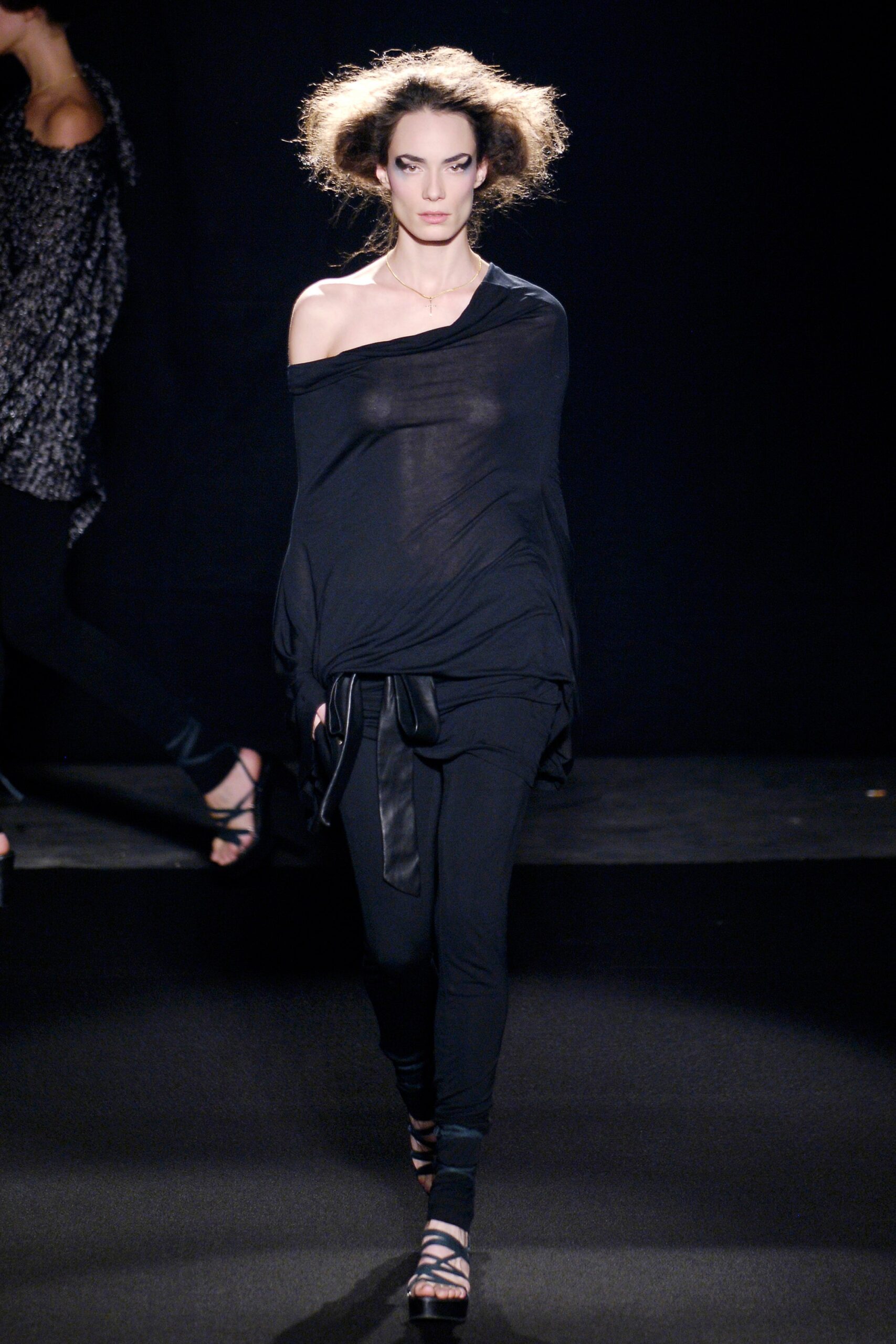 black cotton sleeveless off-shoulder oversized draped top