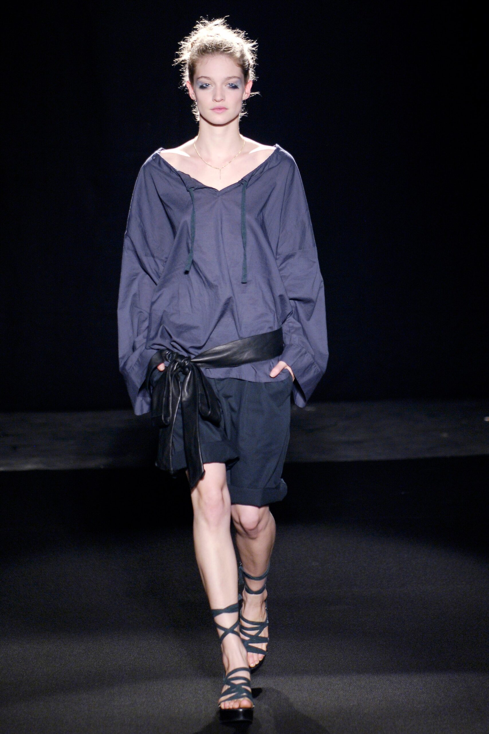 blue relaxed top with black shorts