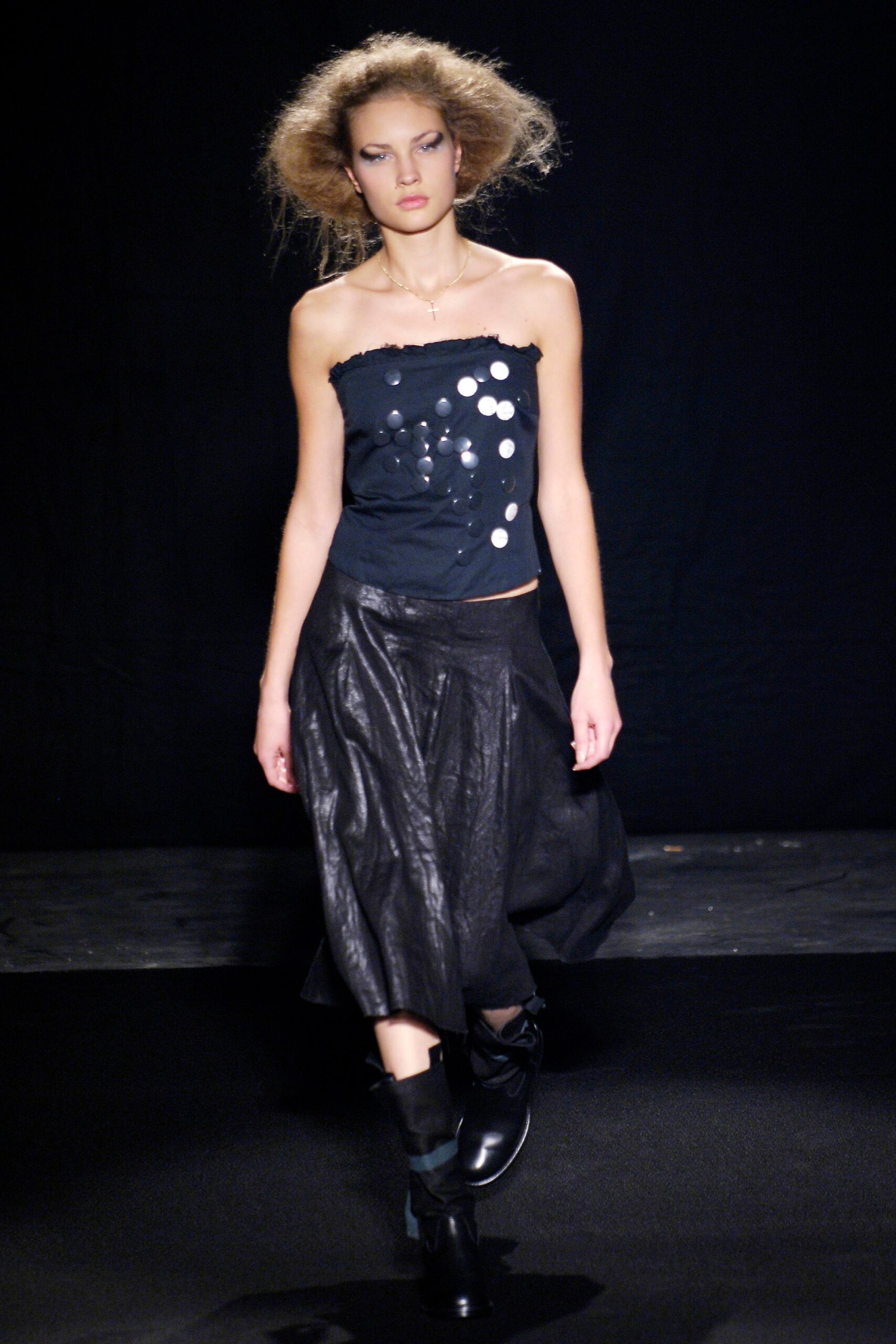 black fitted strapless top and midi skirt