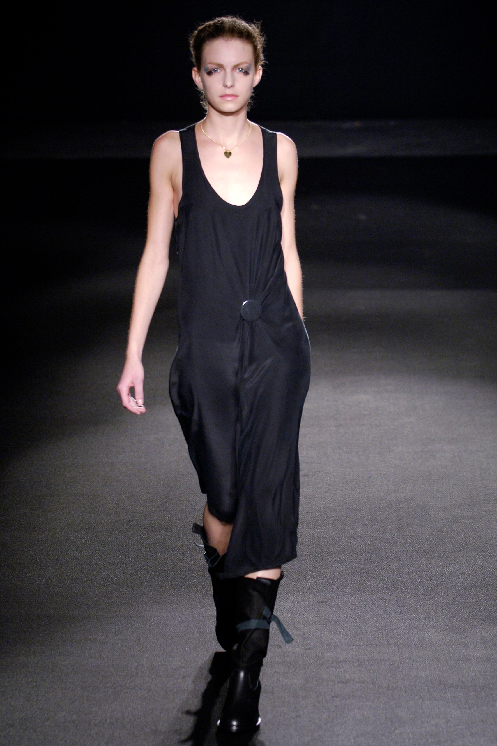 black silk relaxed dress with boots