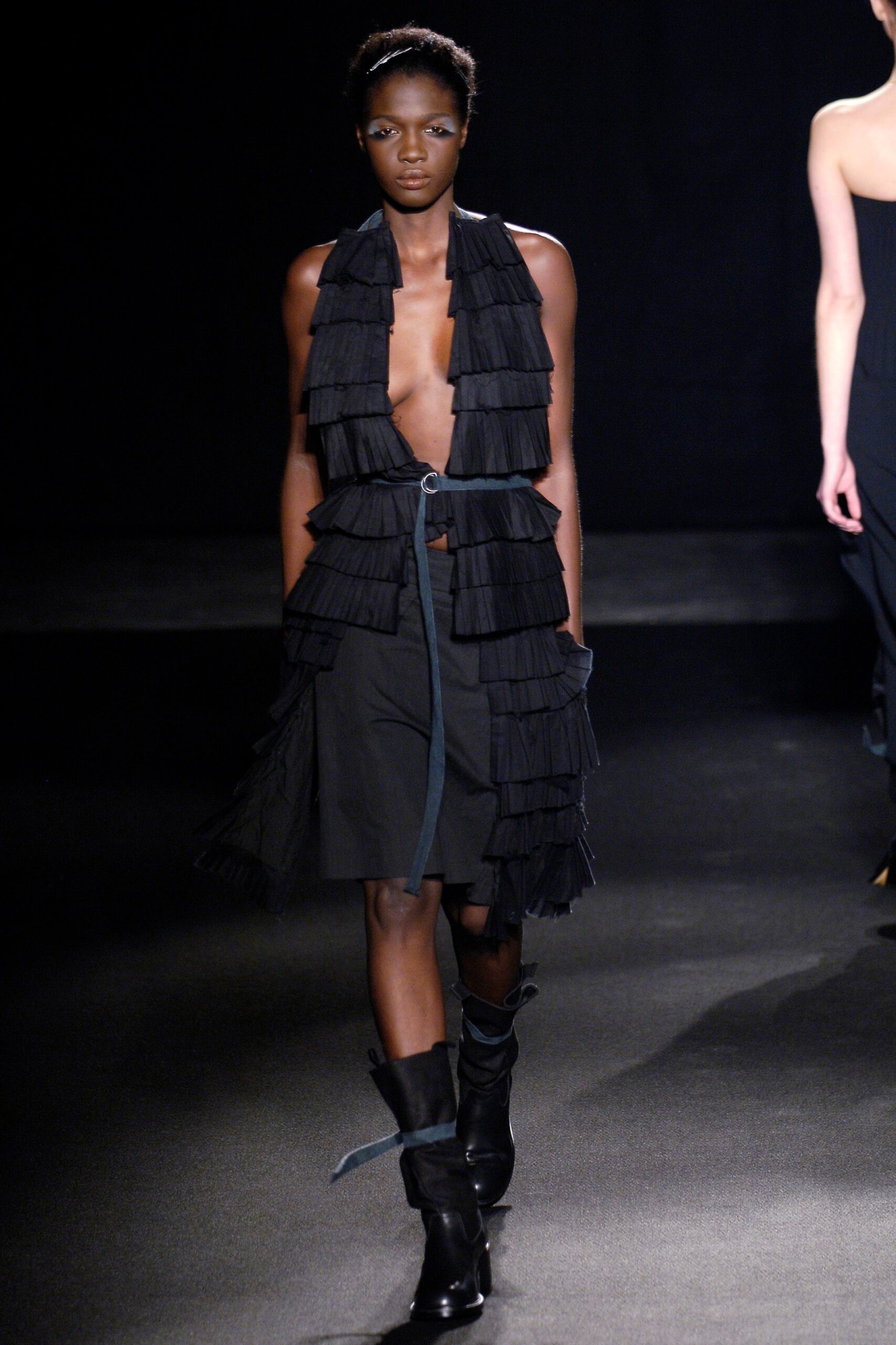 black ruffled midi dress with boots