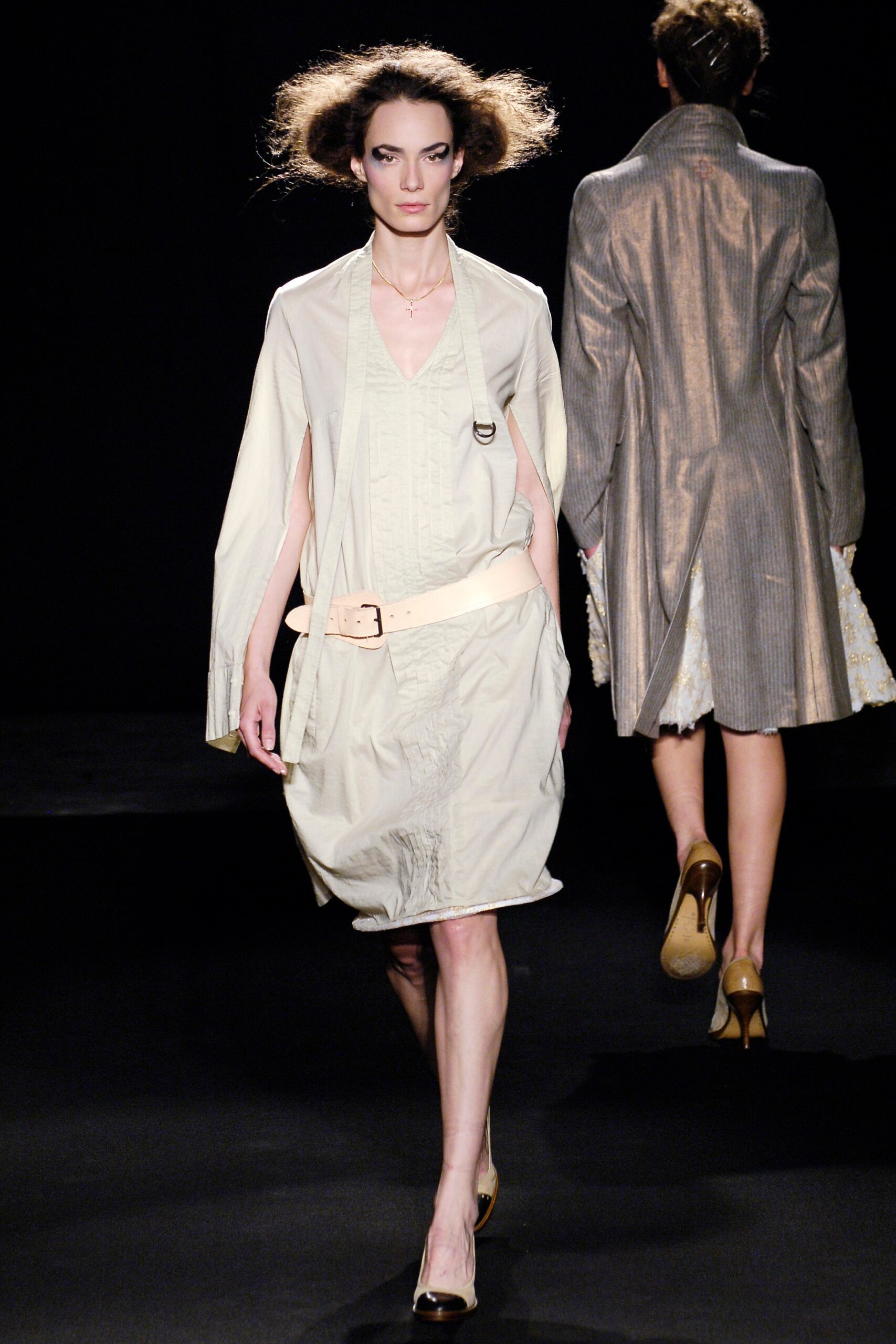 beige relaxed midi dress and gray coat