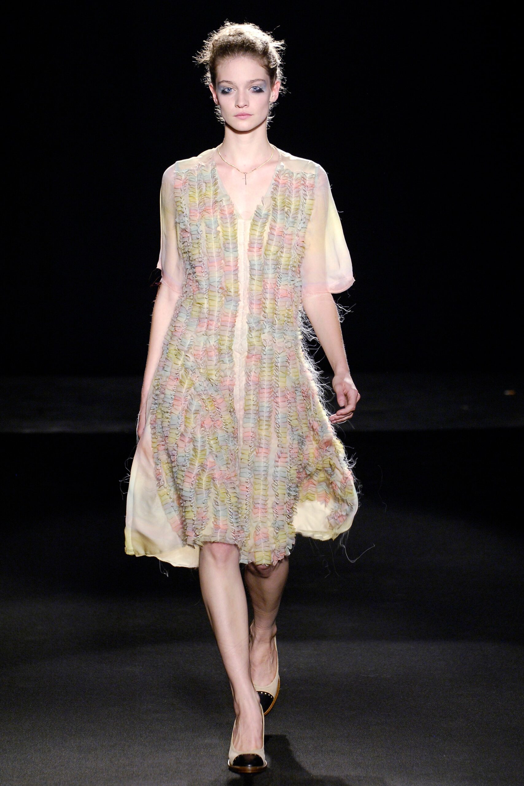 yellow pink ruffled midi dress