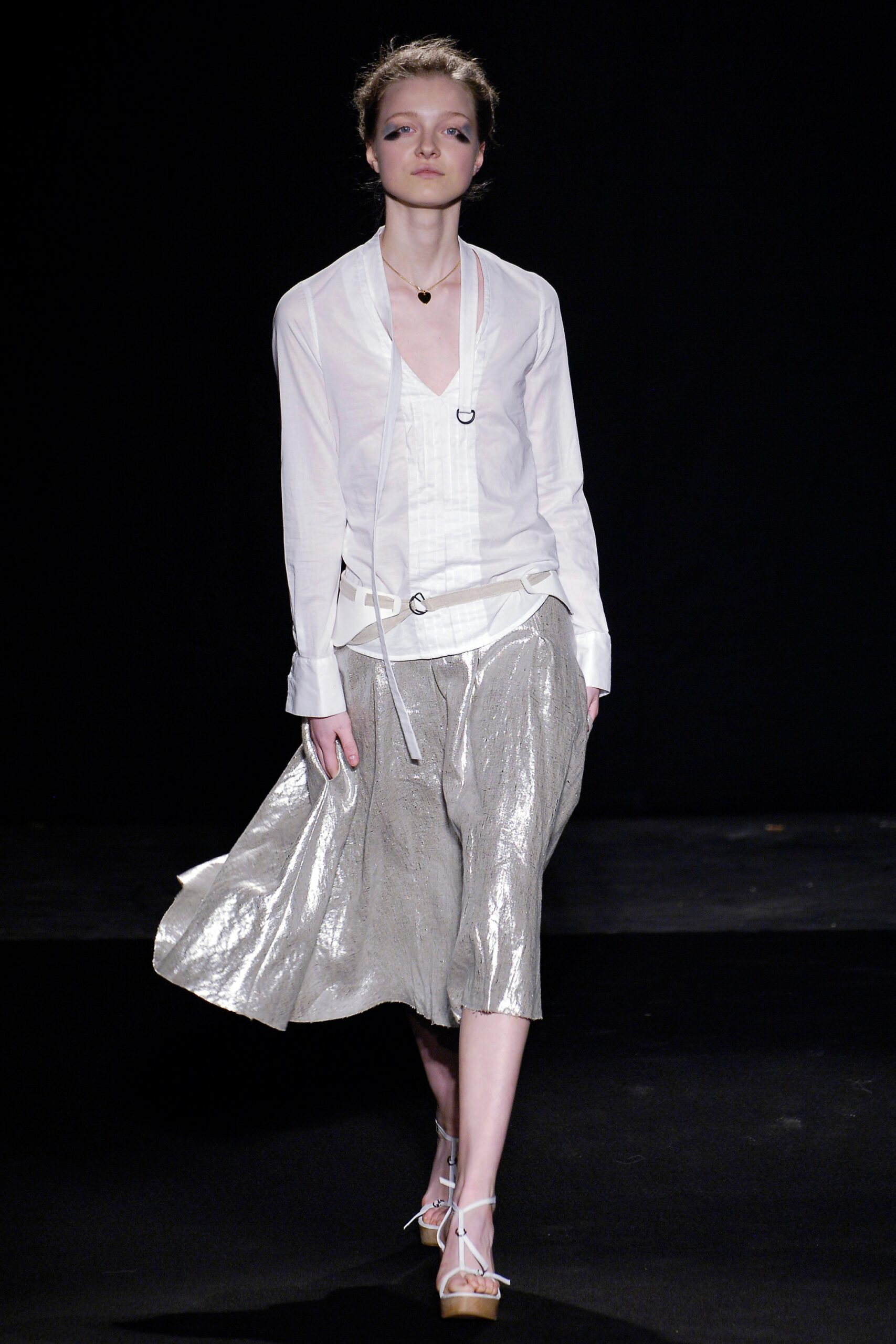 gray silk relaxed pleated flowing midi skirt