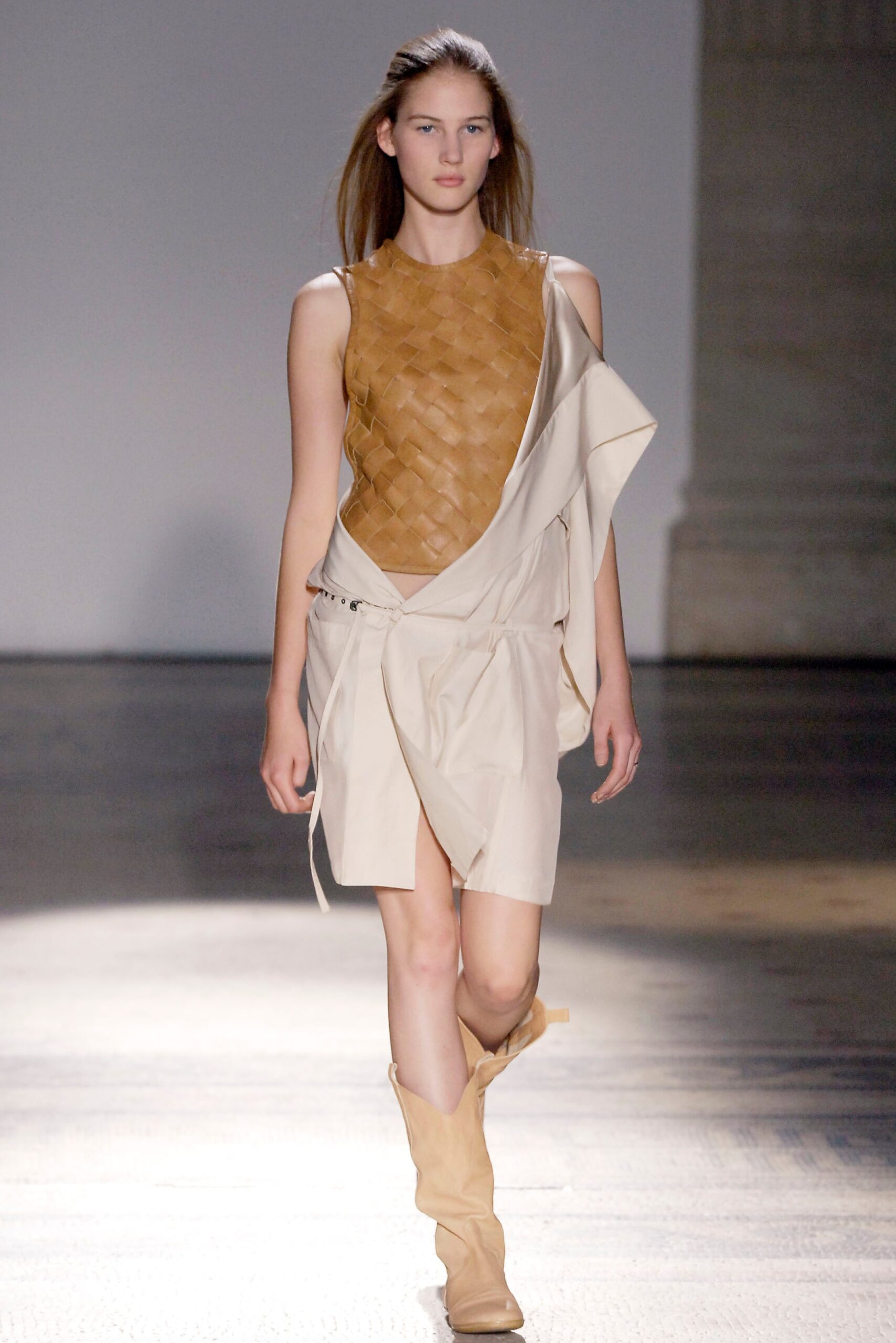 beige asymmetric dress with brown leather top