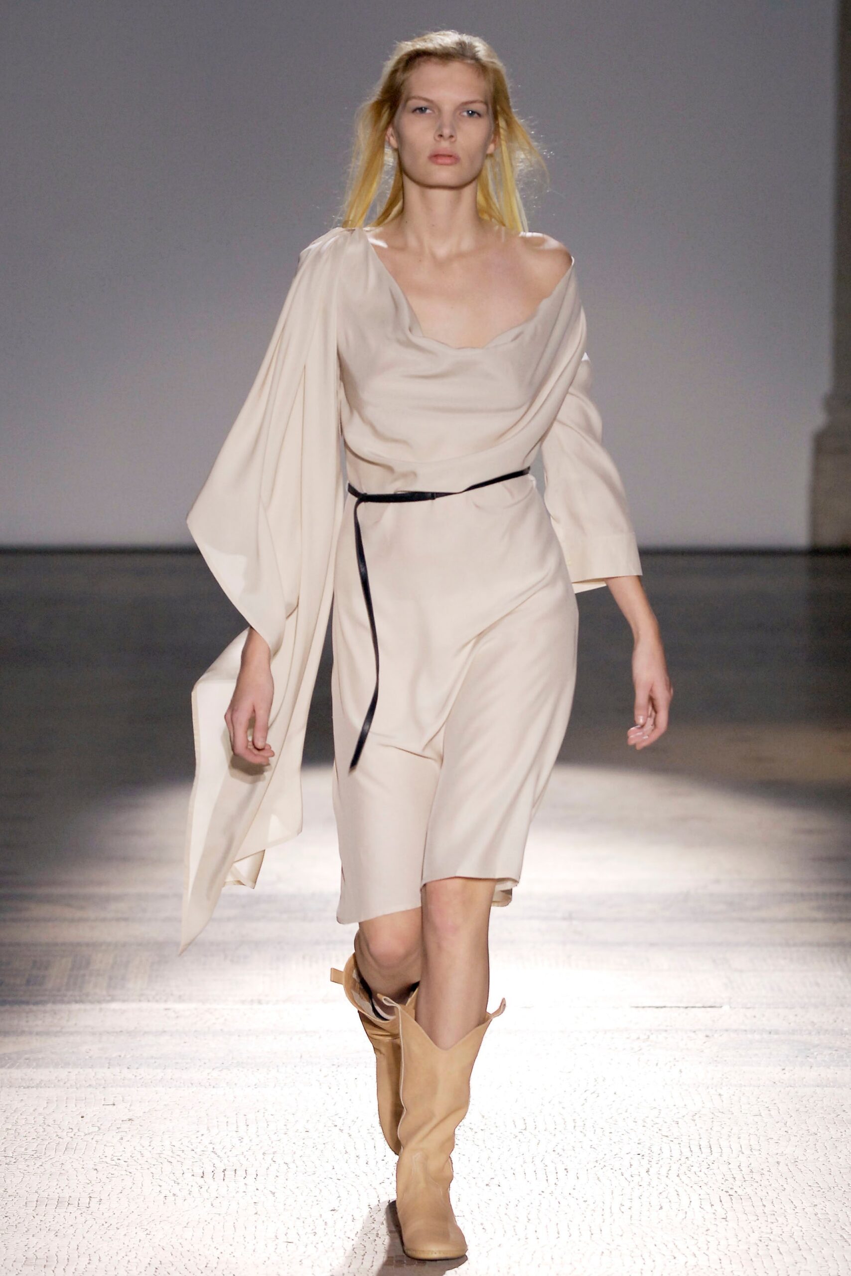 beige draped midi dress with tan boots