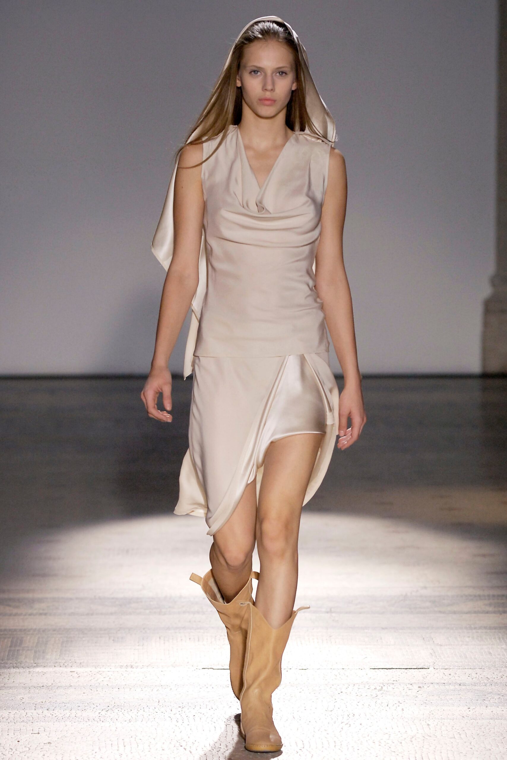 beige silk draped mini dress