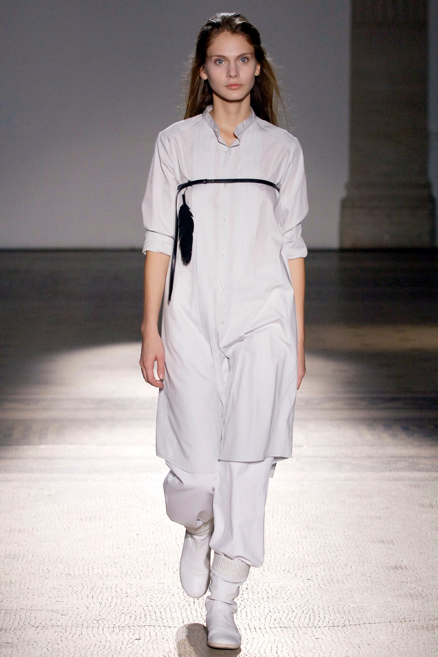 white shirt-dress with relaxed pants