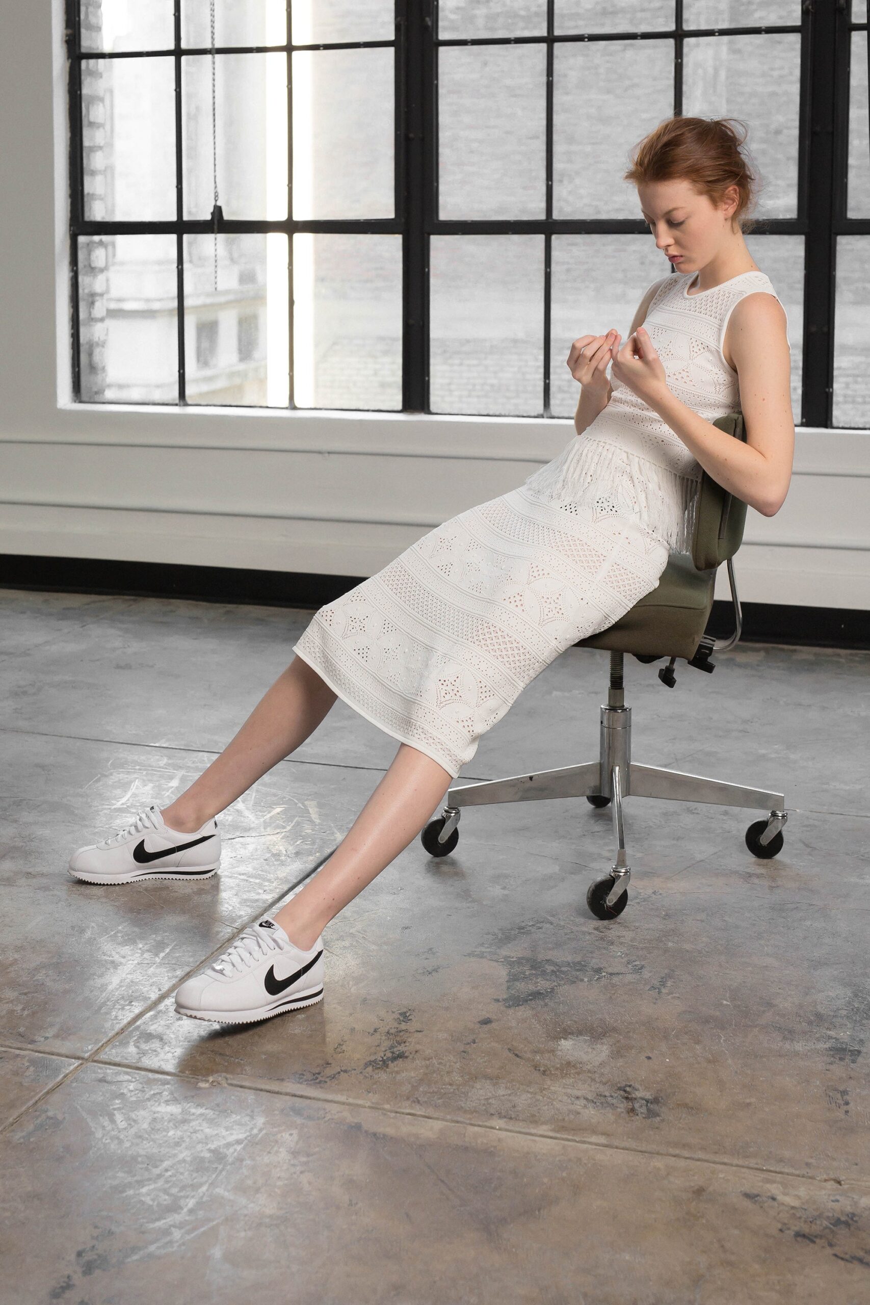 white embroidered midi dress with sneakers