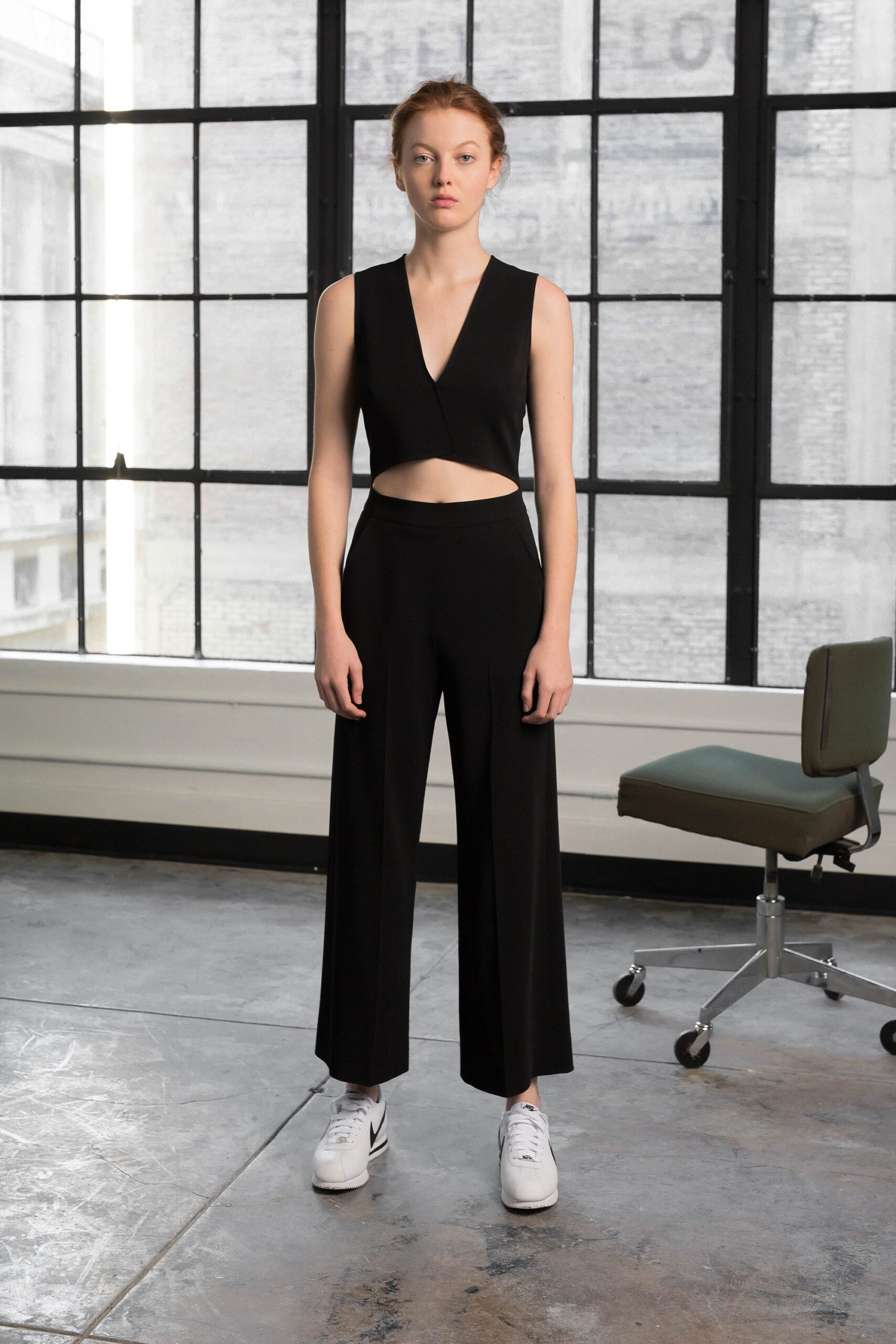 black fitted top and relaxed pants