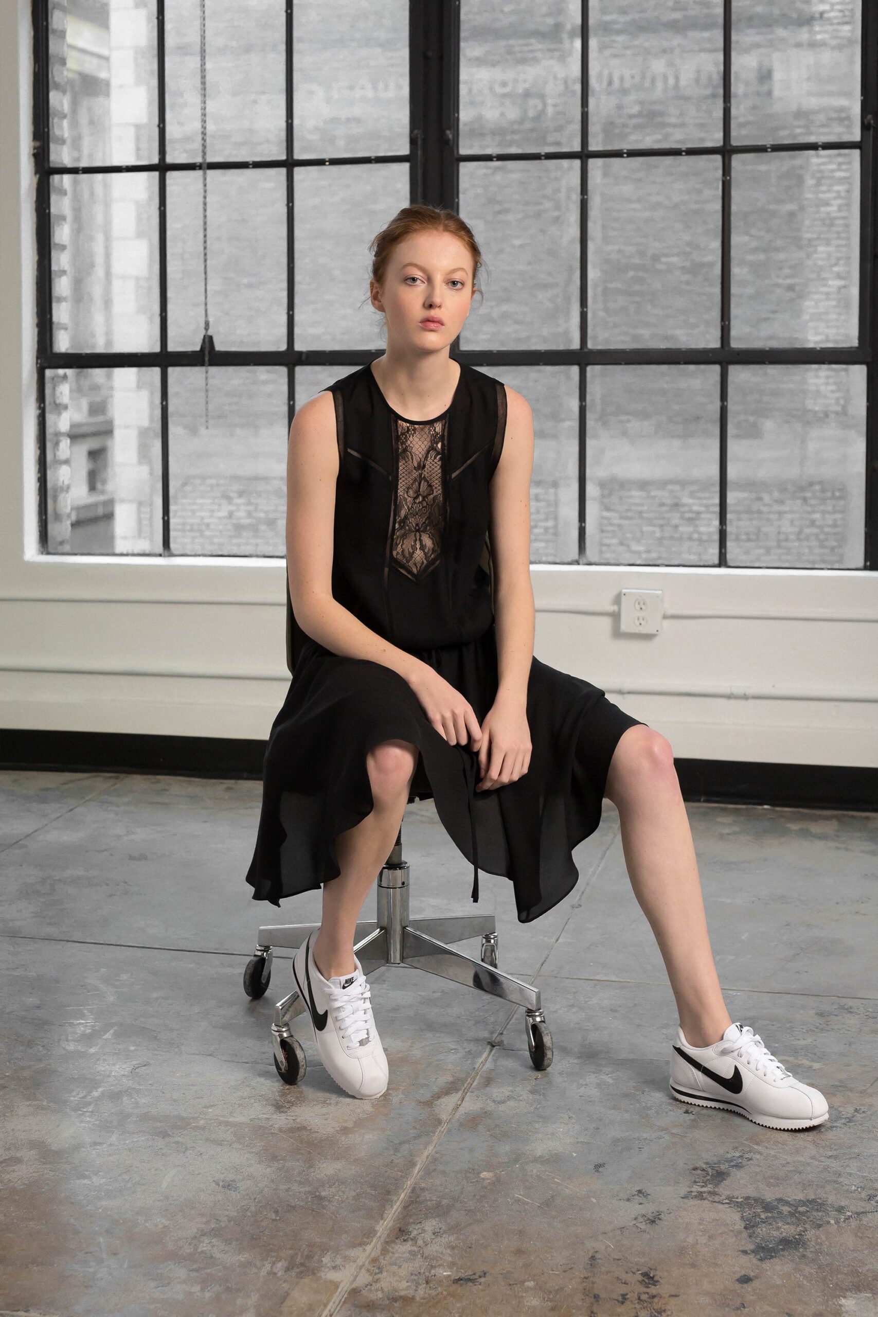 black silk midi dress with sneakers