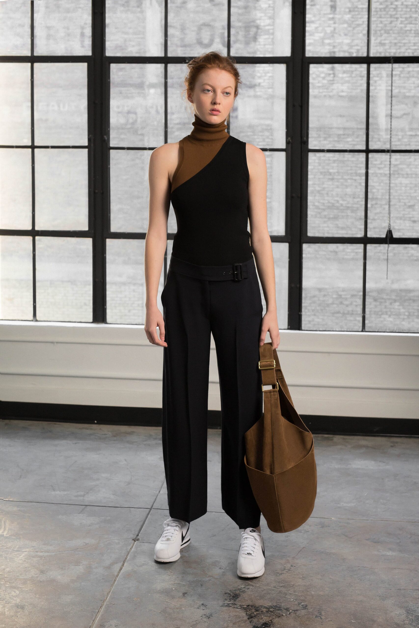 black and brown fitted top with wide-leg pants