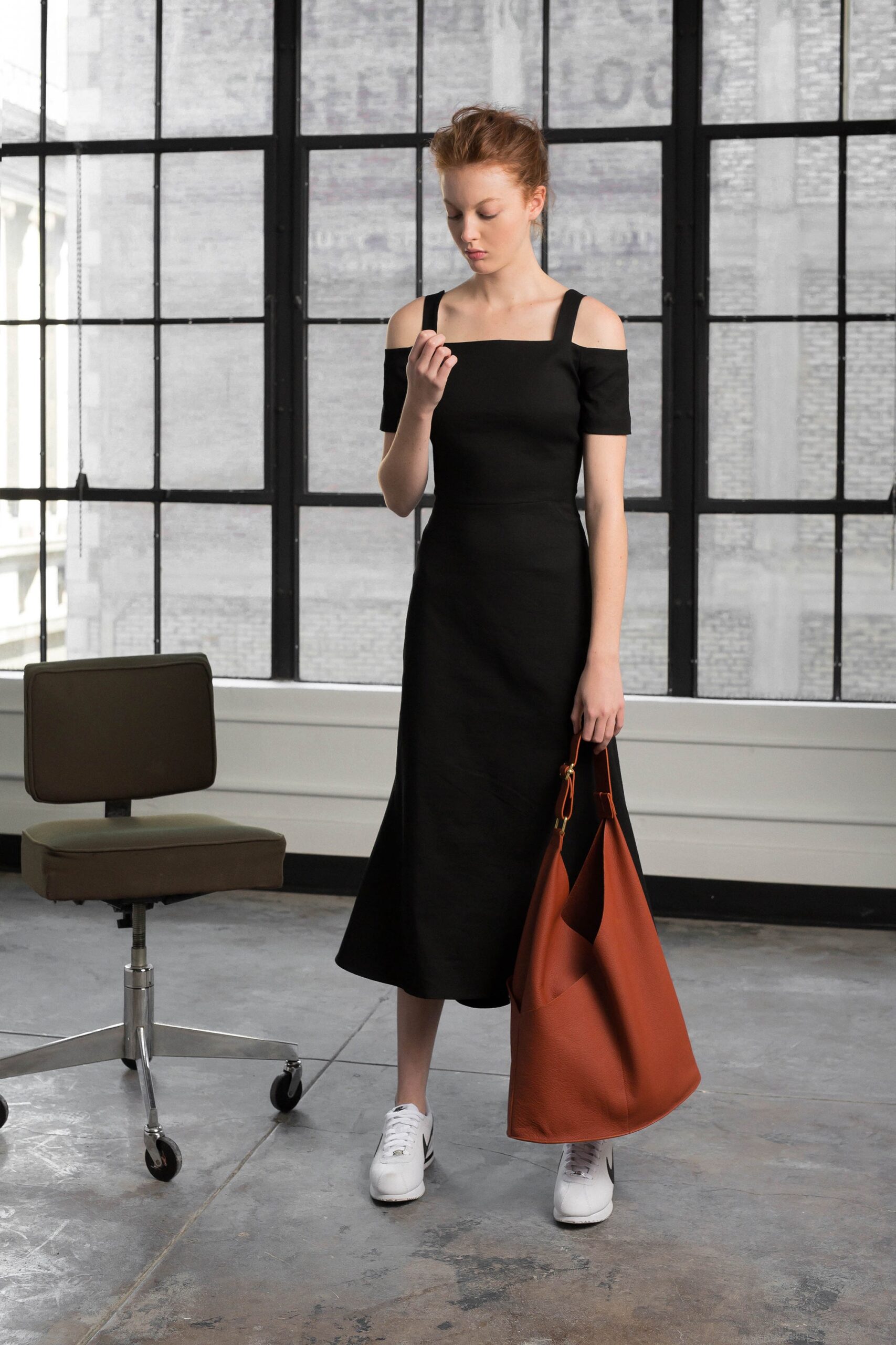 black midi dress with short sleeves