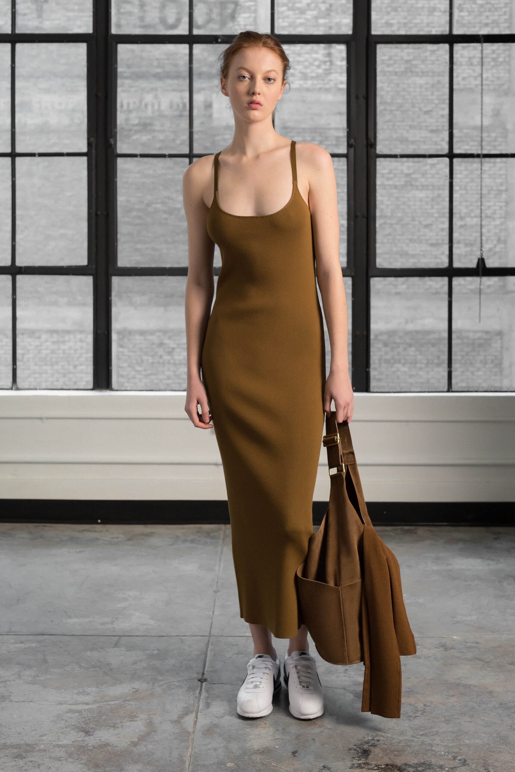 brown fitted midi dress