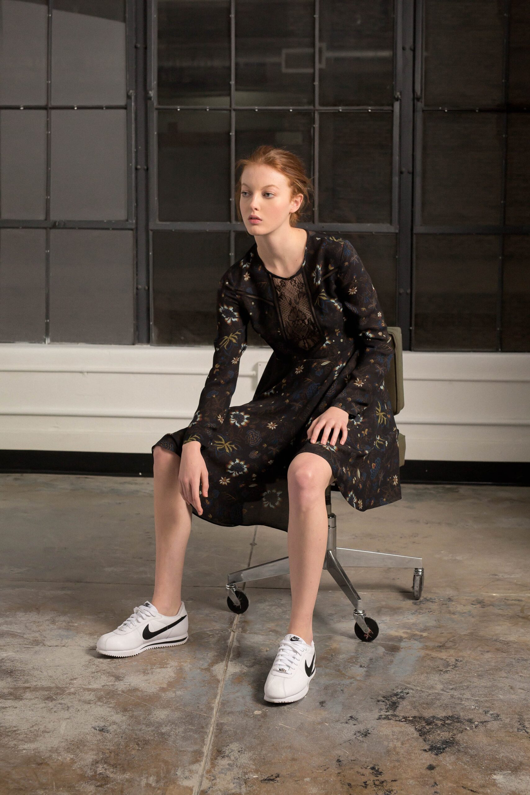 black floral midi dress with sneakers