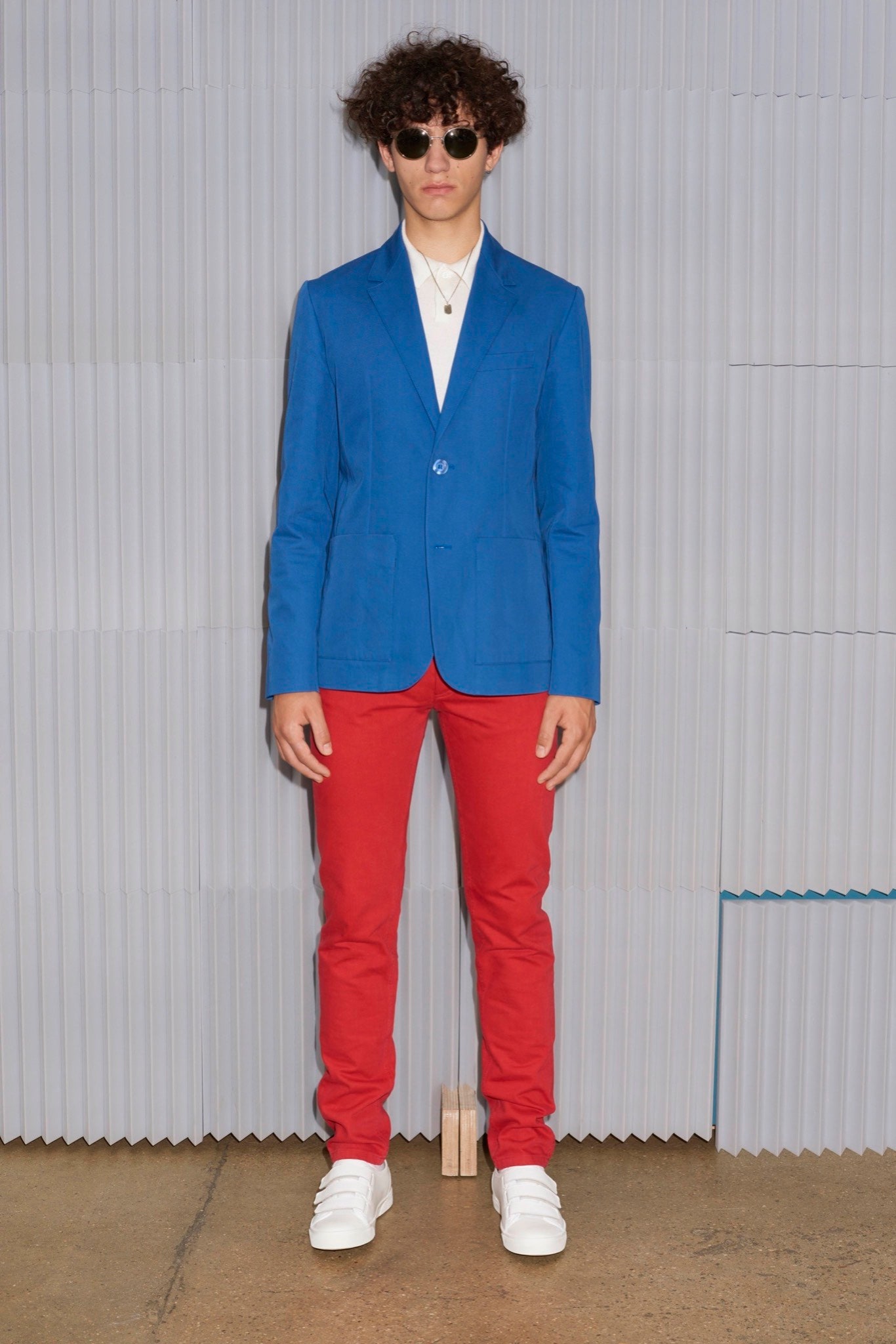 blue blazer red pants outfit