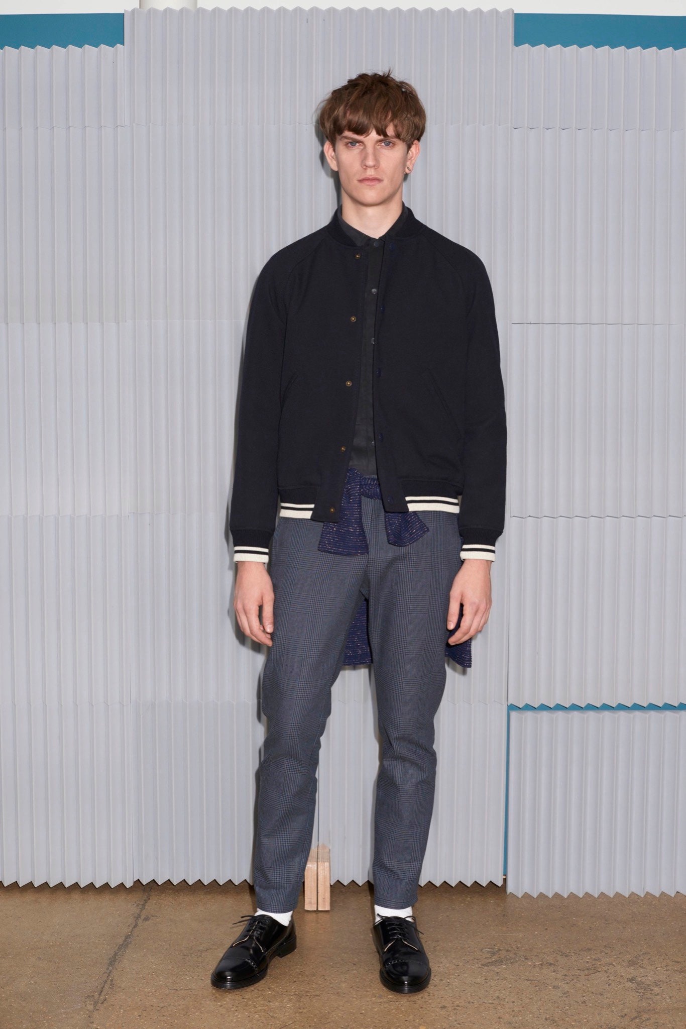 black fitted jacket gray tailored pants